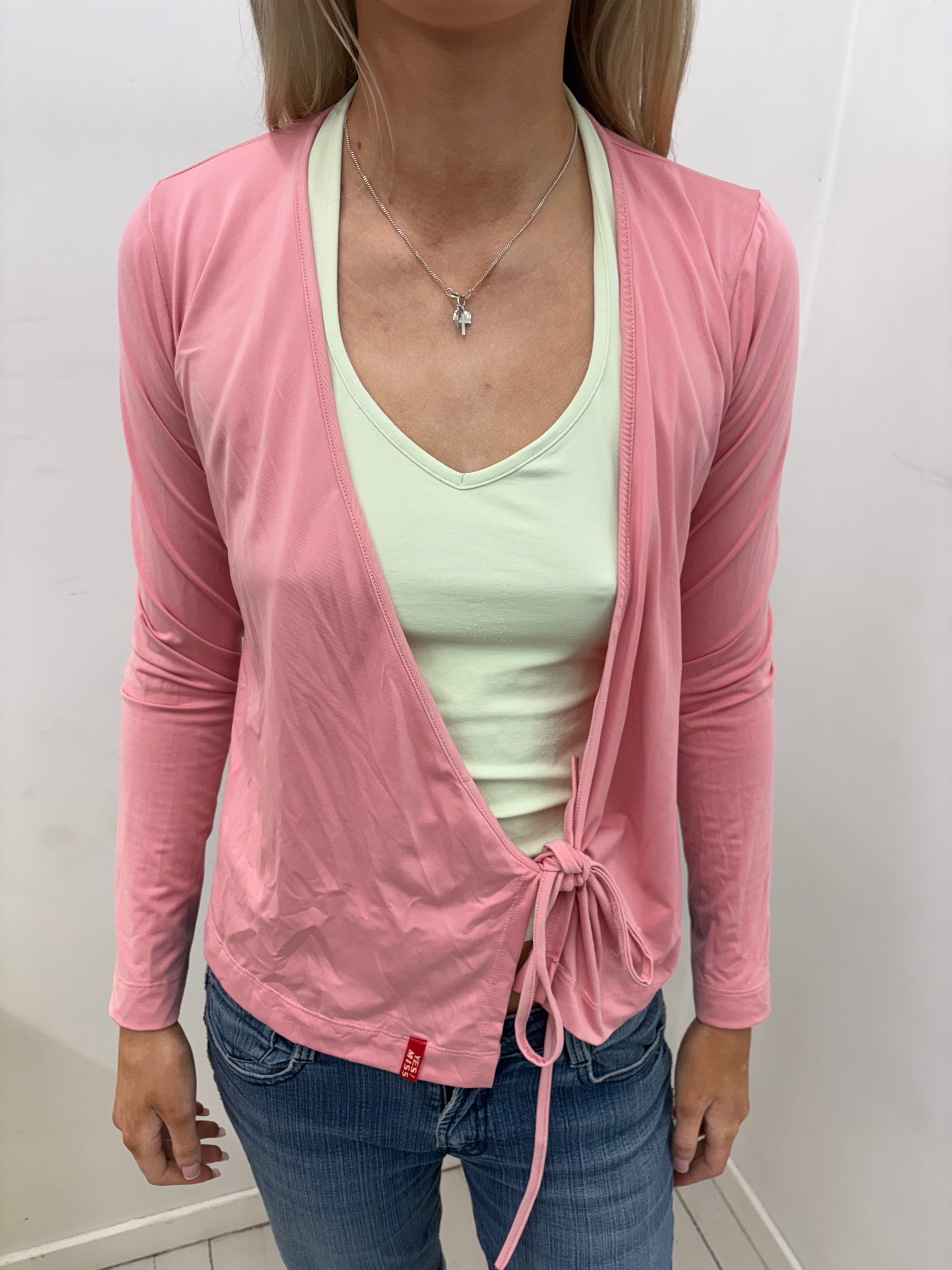 Pink Wrap-Tie Cardigan with Long Sleeves