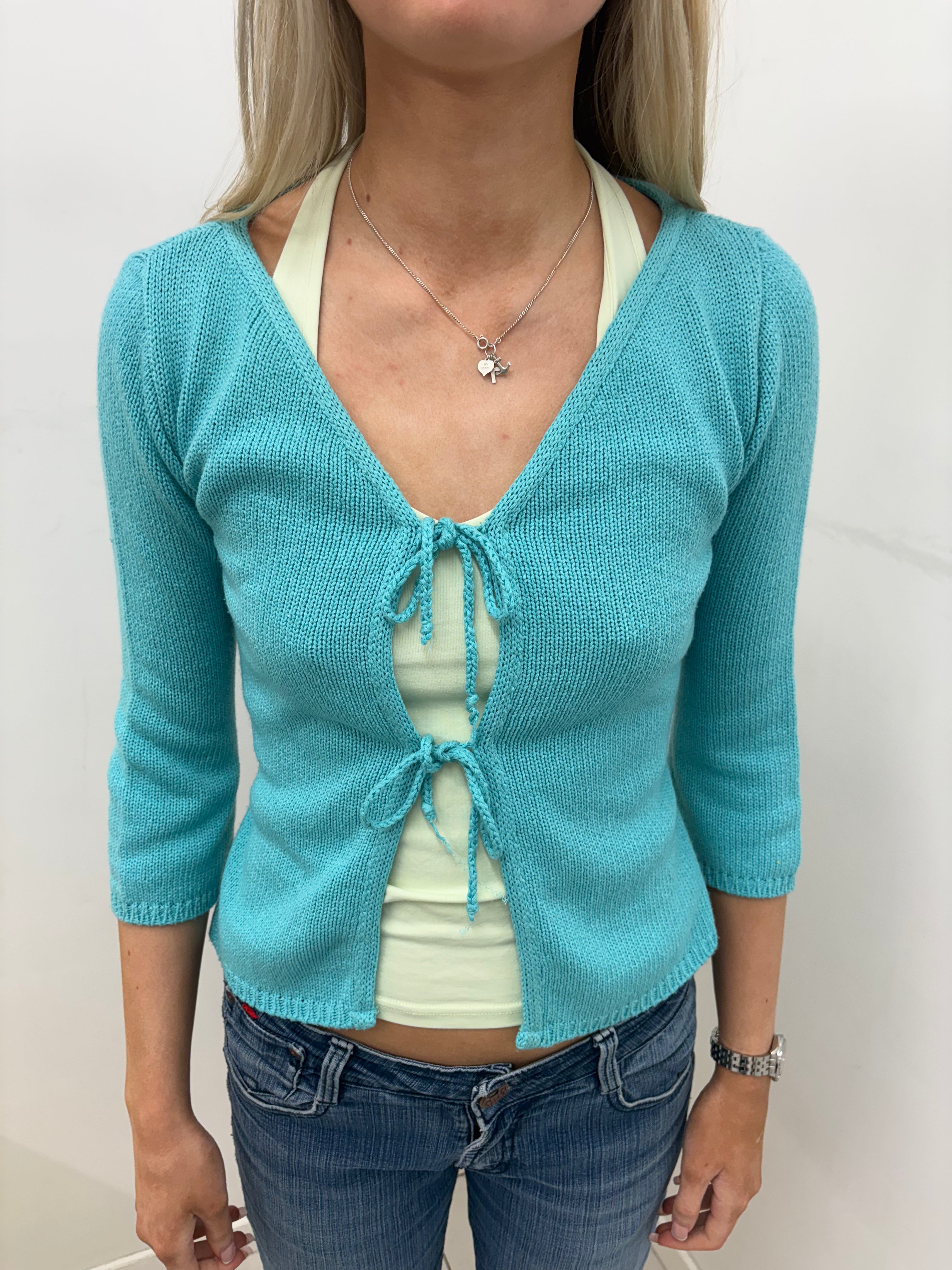 Turquoise Cropped Cardigan with Floral Embroidery