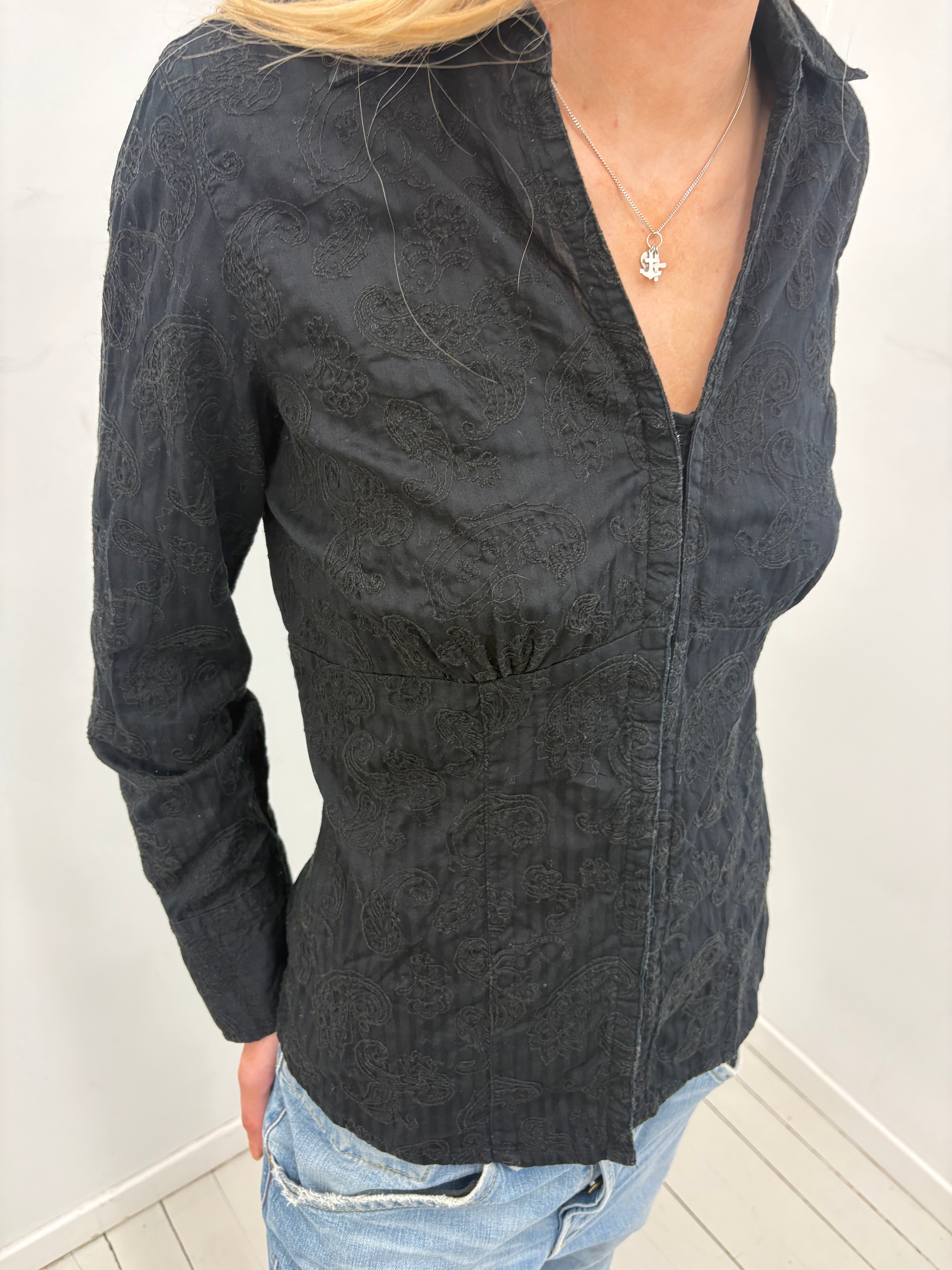 Black Paisley Embroidered Y2K Blouse