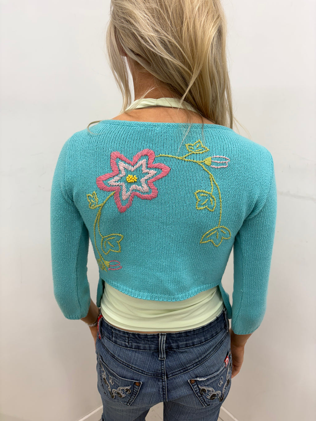 Turquoise Cropped Cardigan with Floral Embroidery