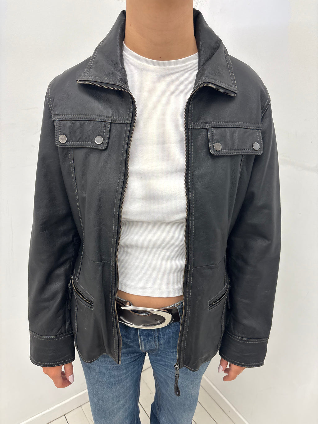 Vintage Black Real Leather Belted Jacket