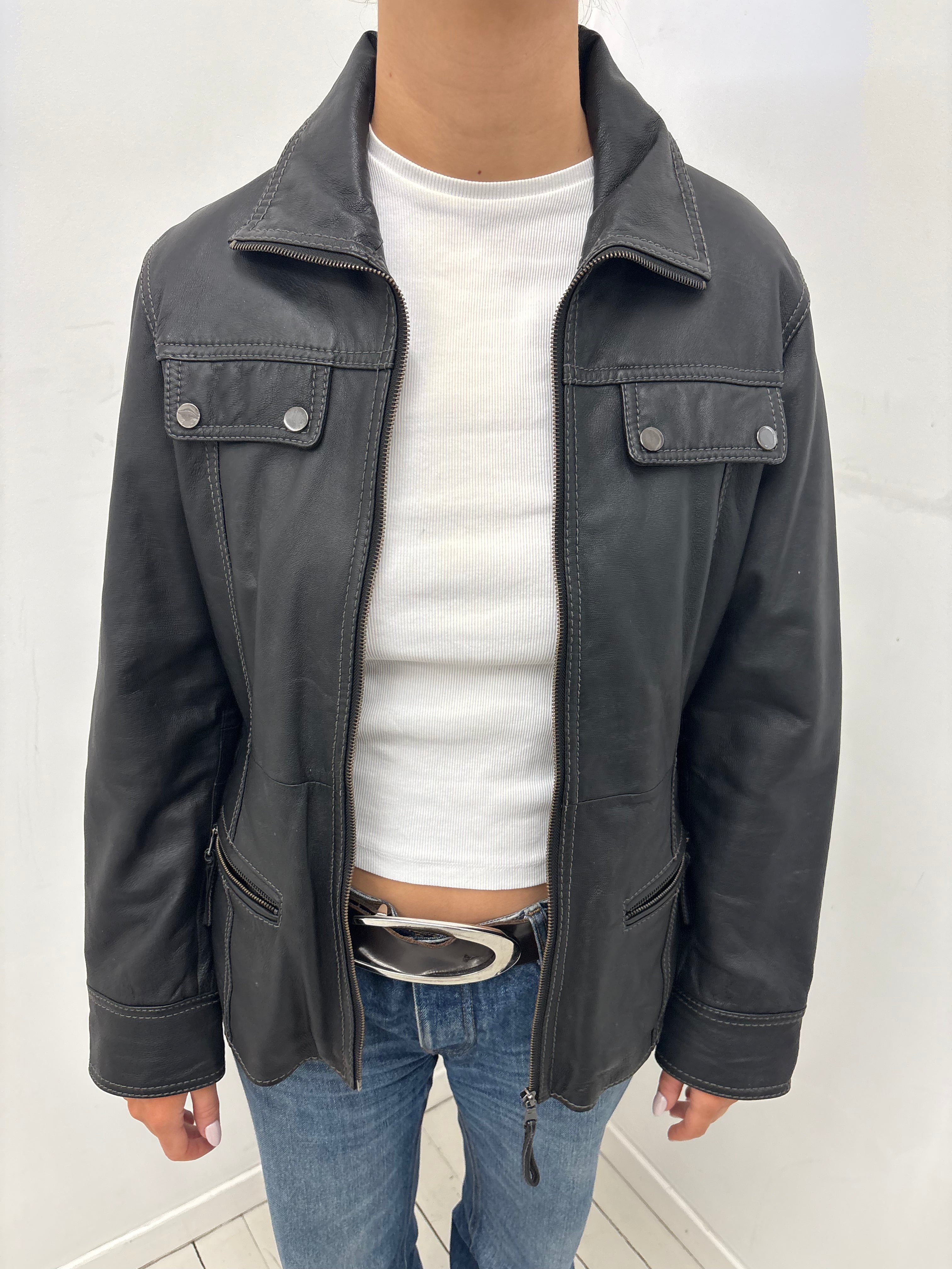 Vintage Black Real Leather Belted Jacket
