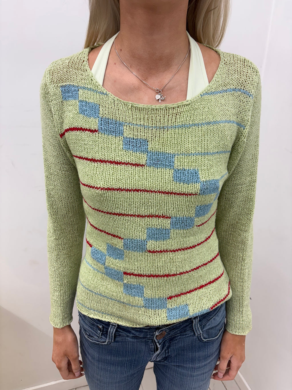 Green Knit Sweater with Geometric Pattern
