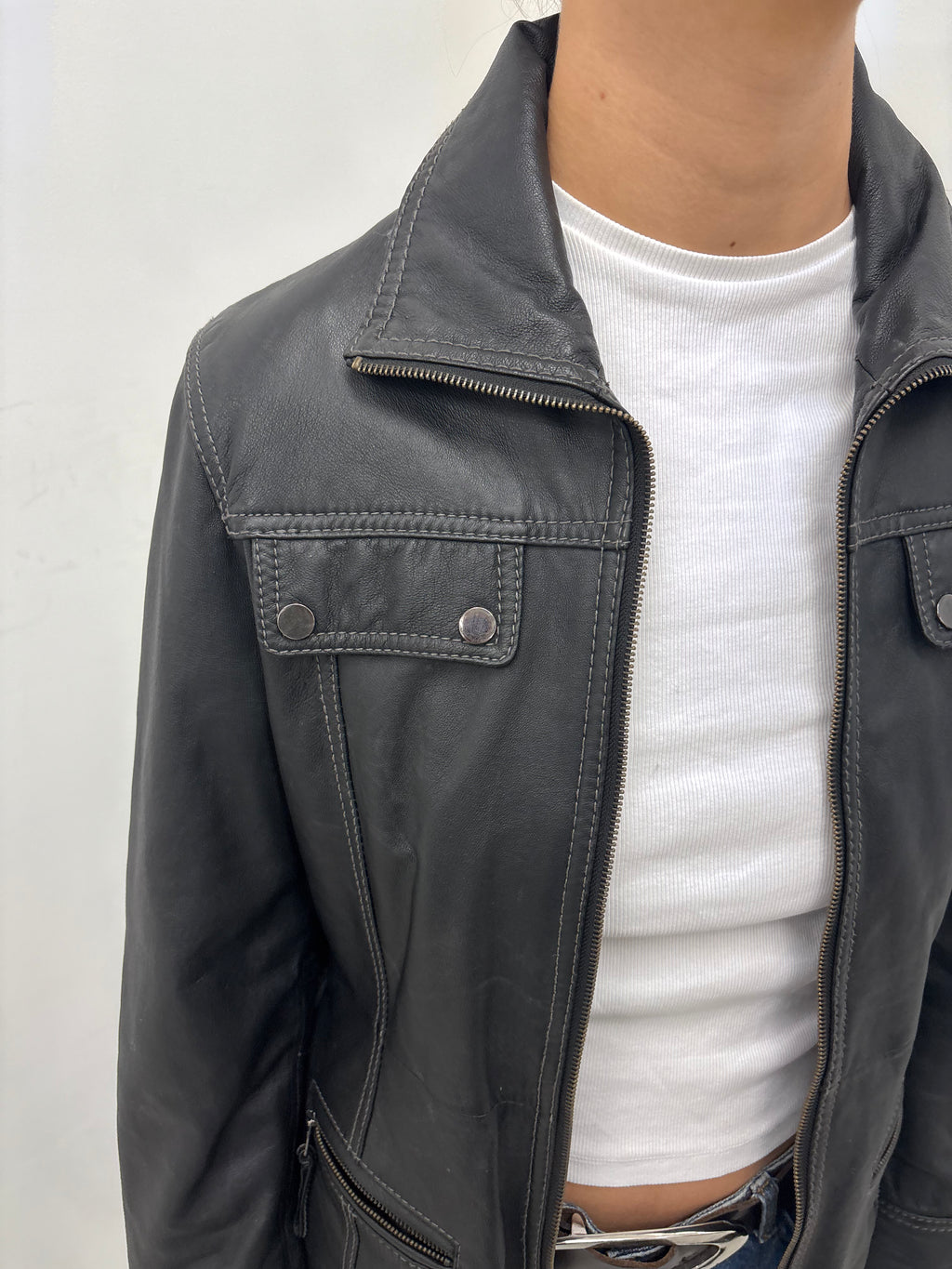 Vintage Black Real Leather Belted Jacket