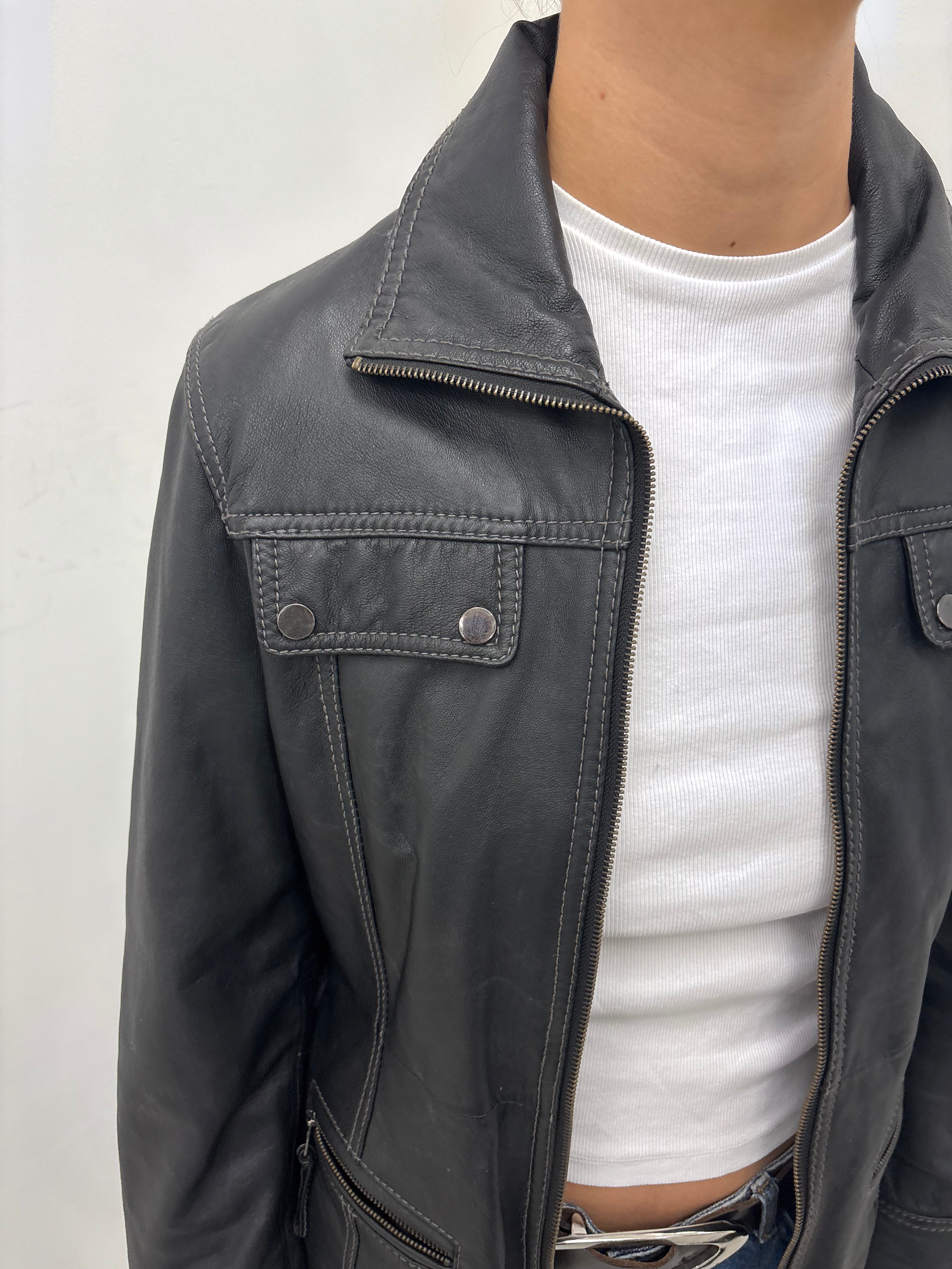 Vintage Black Real Leather Belted Jacket