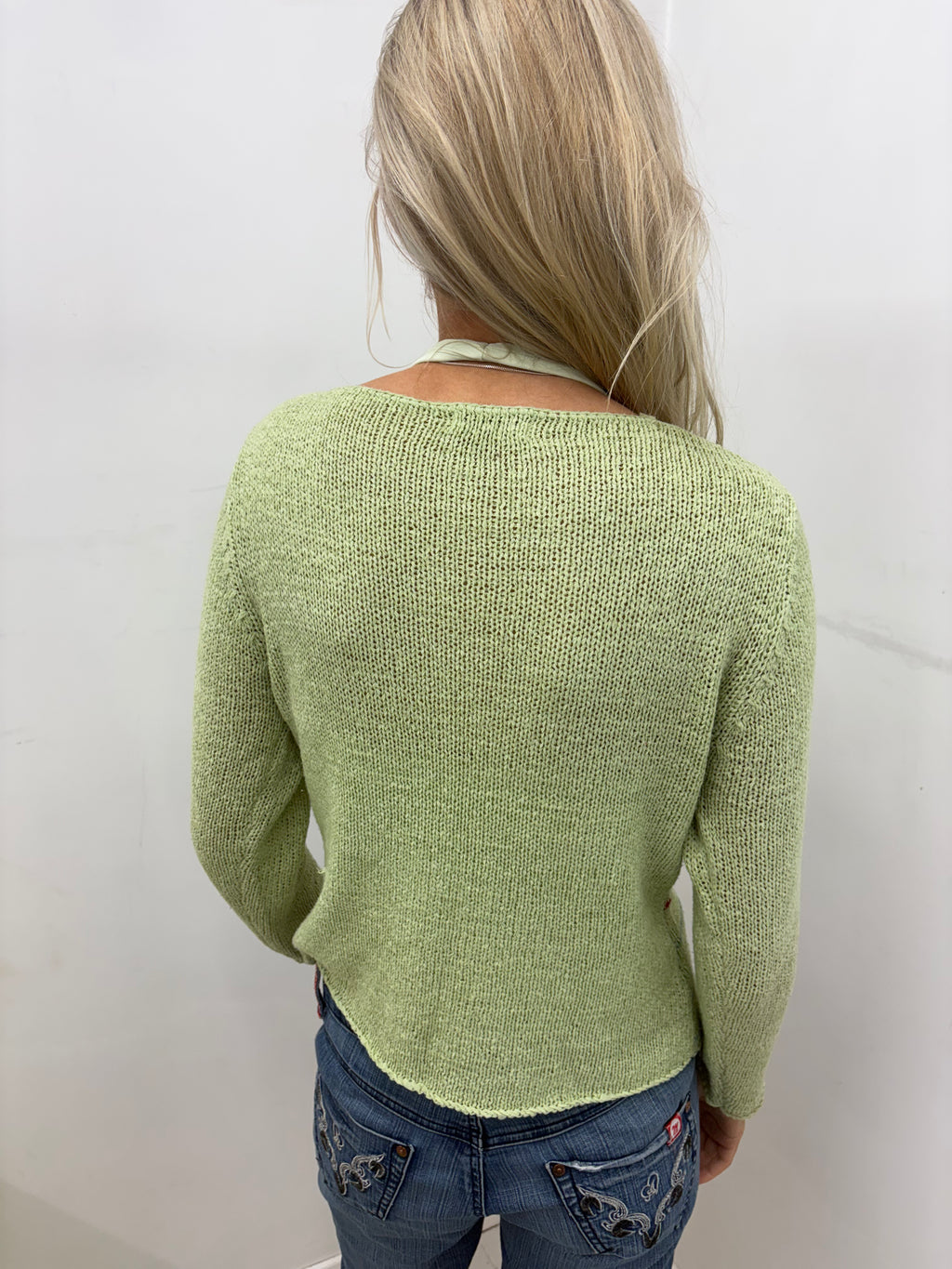Green Knit Sweater with Geometric Pattern