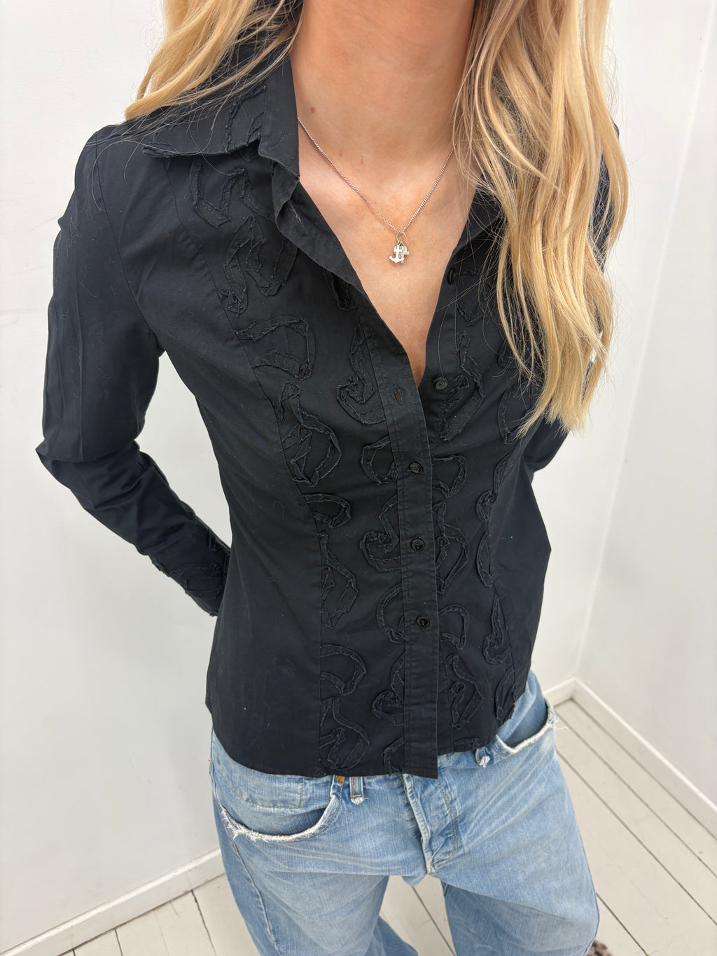 Black Embroidered Feminine Button-Up Shirt