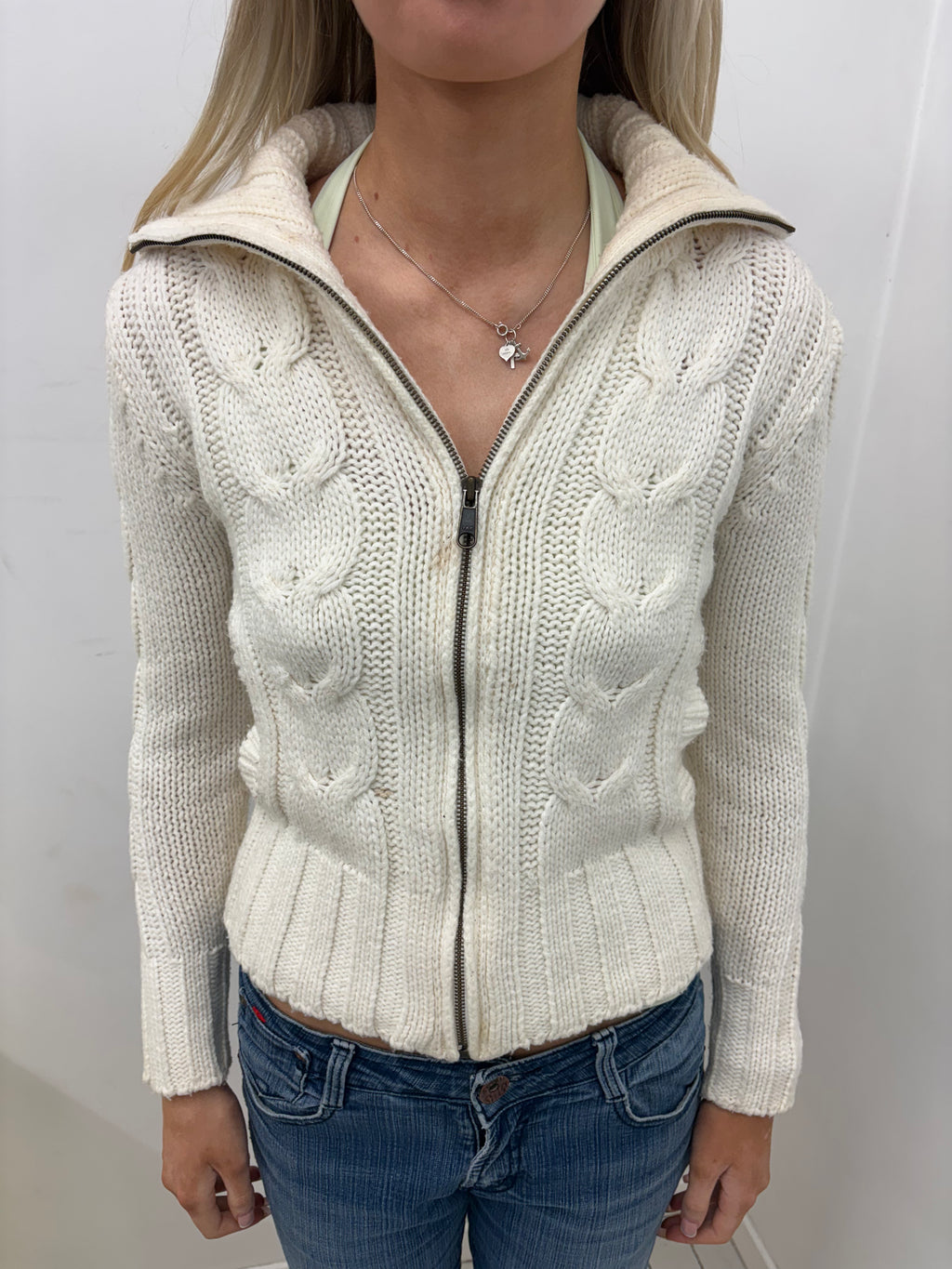 Cream Cable Knit Zip-Up Sweater