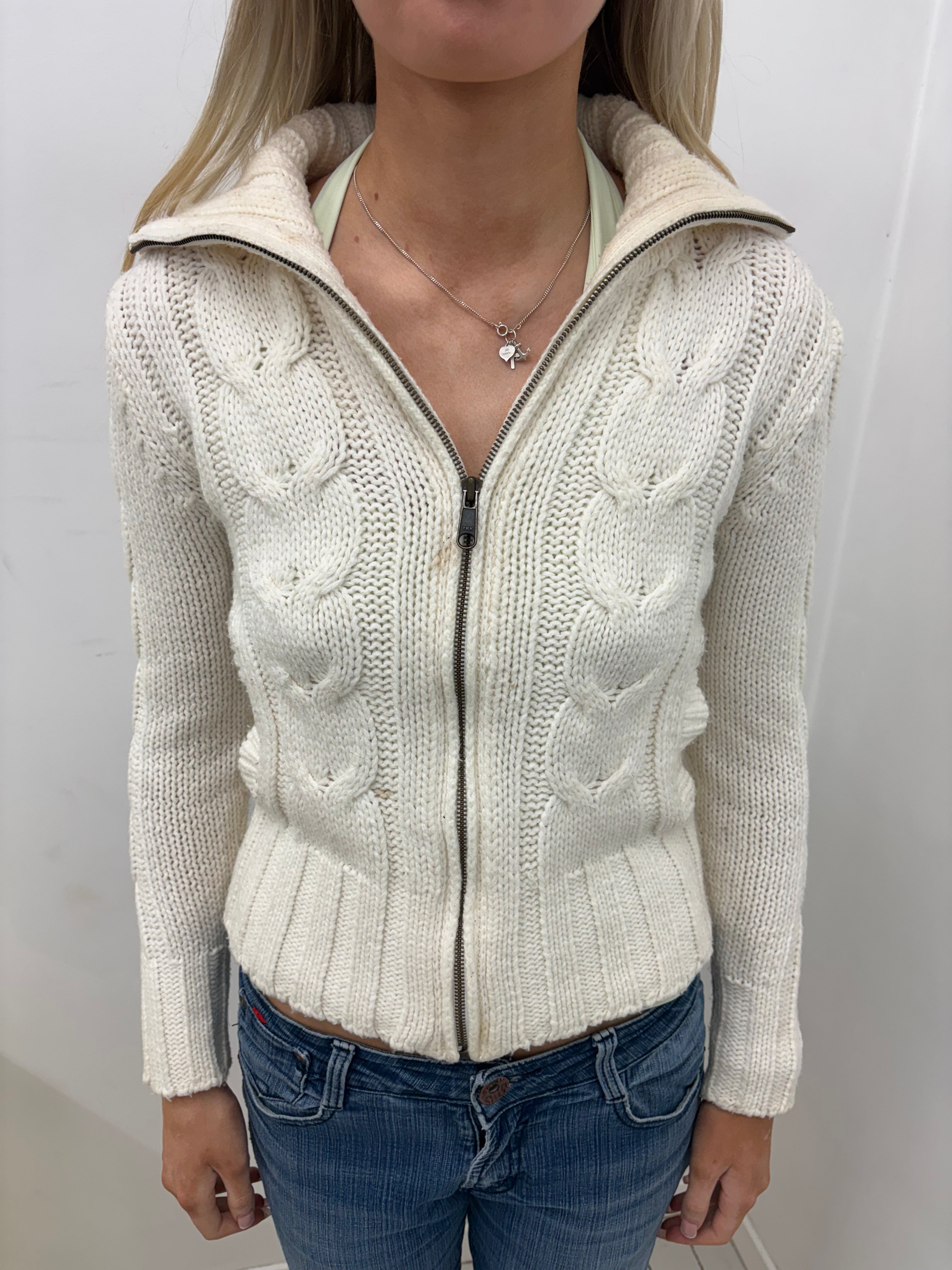 Cream Cable Knit Zip-Up Sweater