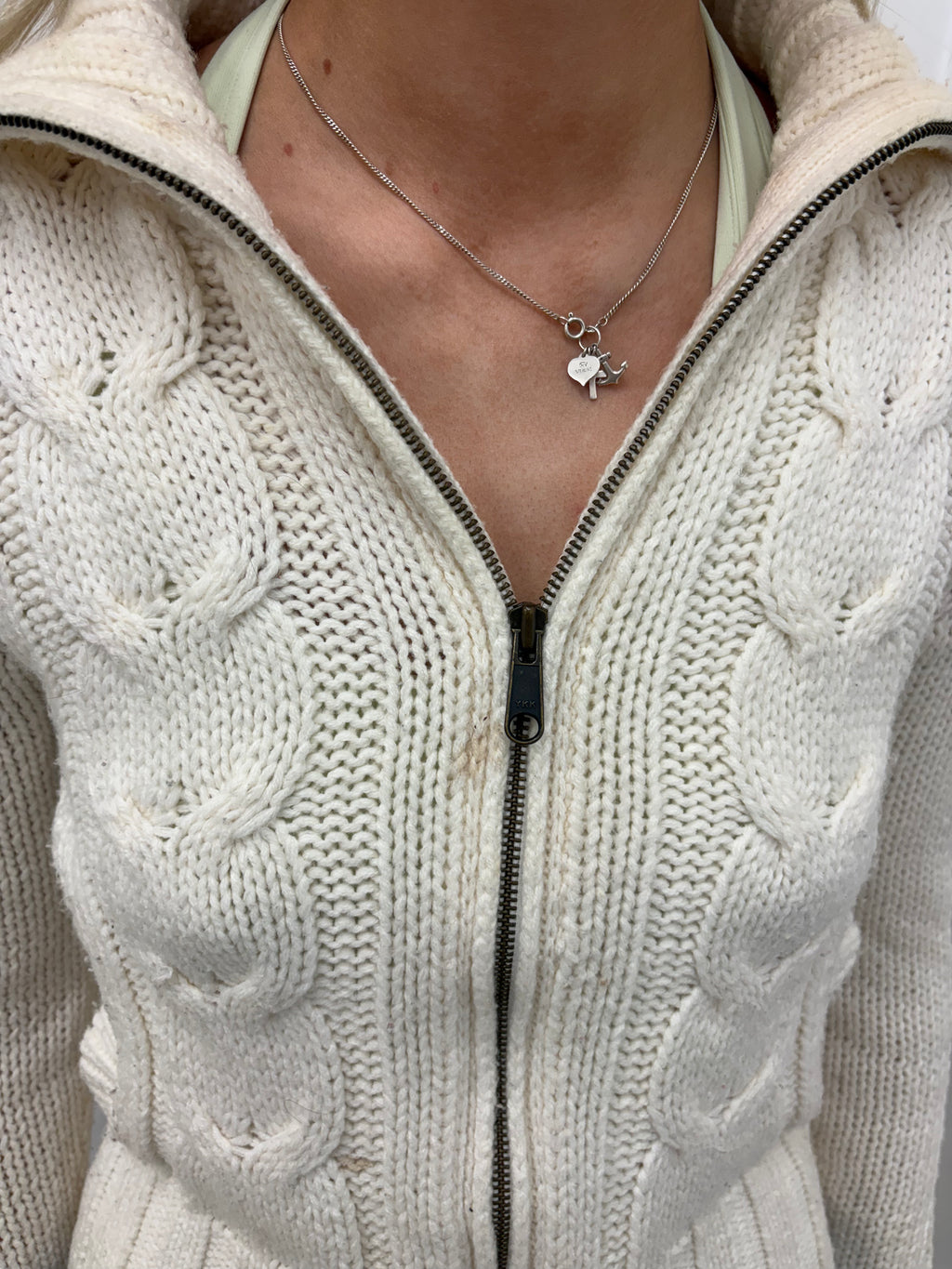 Cream Cable Knit Zip-Up Sweater