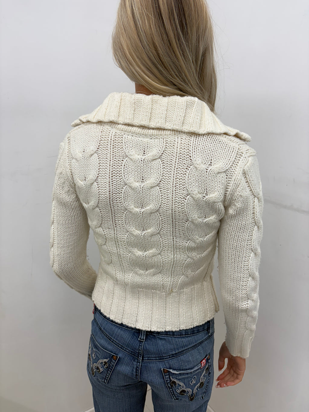Cream Cable Knit Zip-Up Sweater