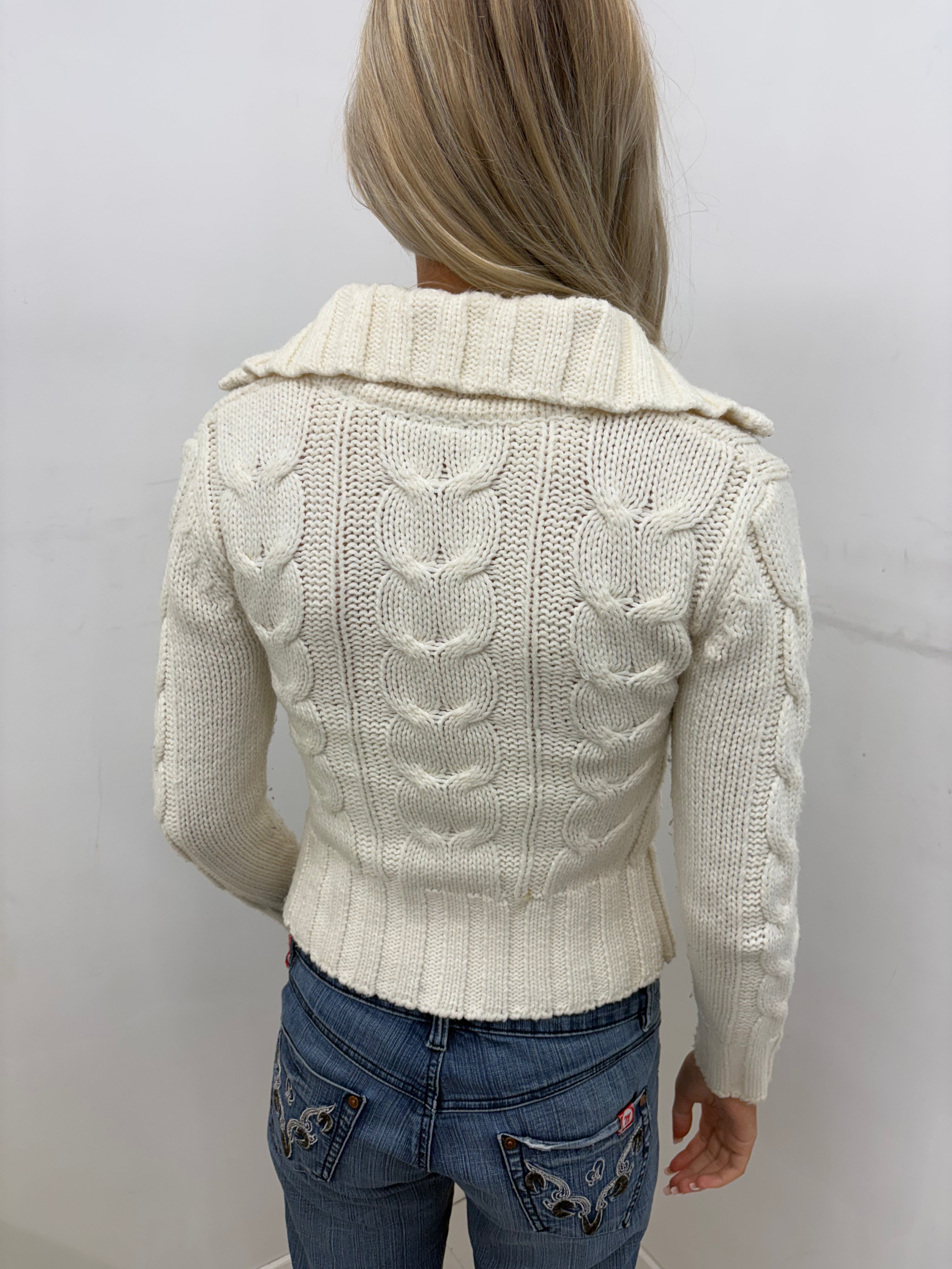 Cream Cable Knit Zip-Up Sweater