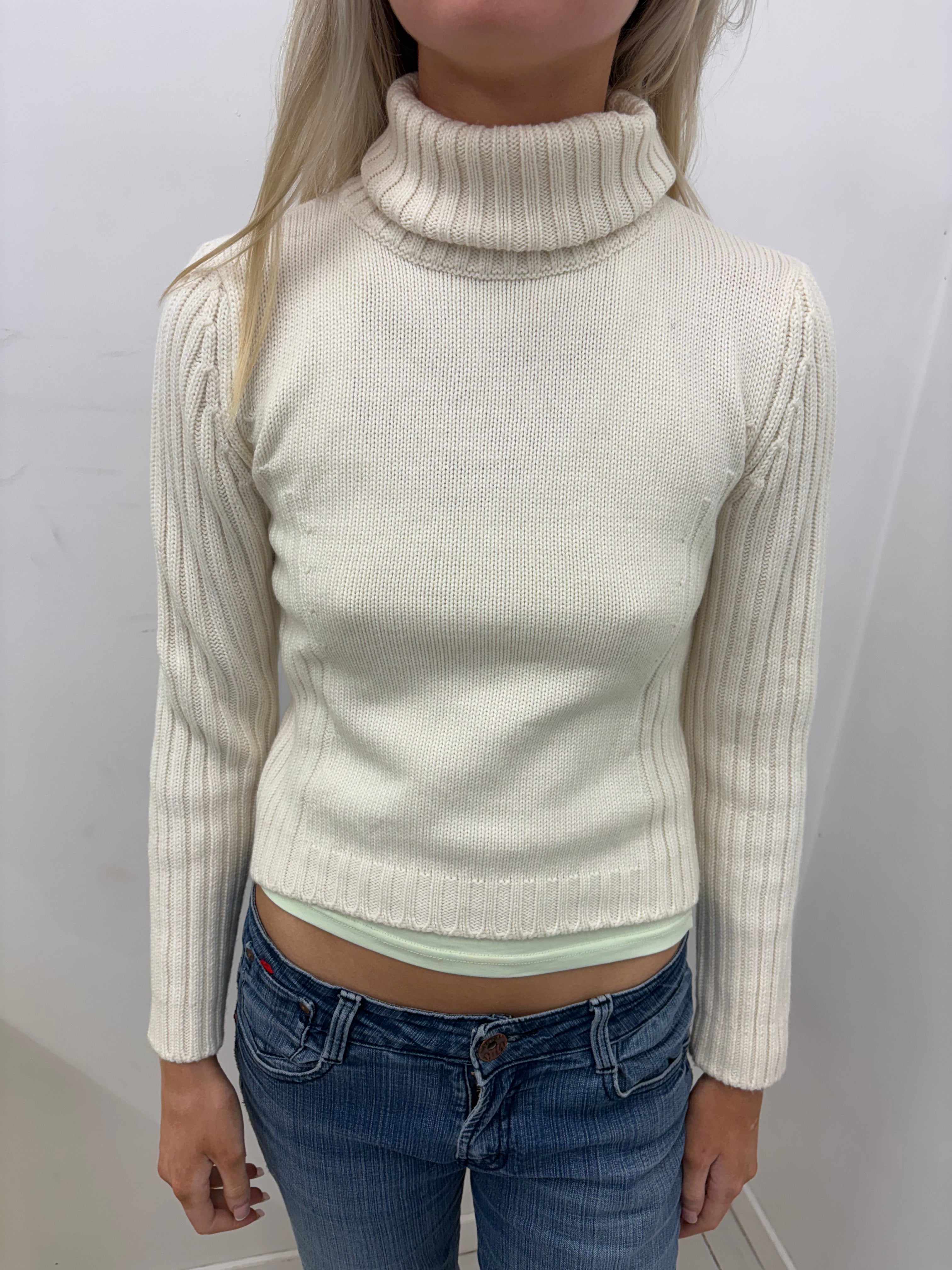 Cream Ribbed Turtleneck Sweater