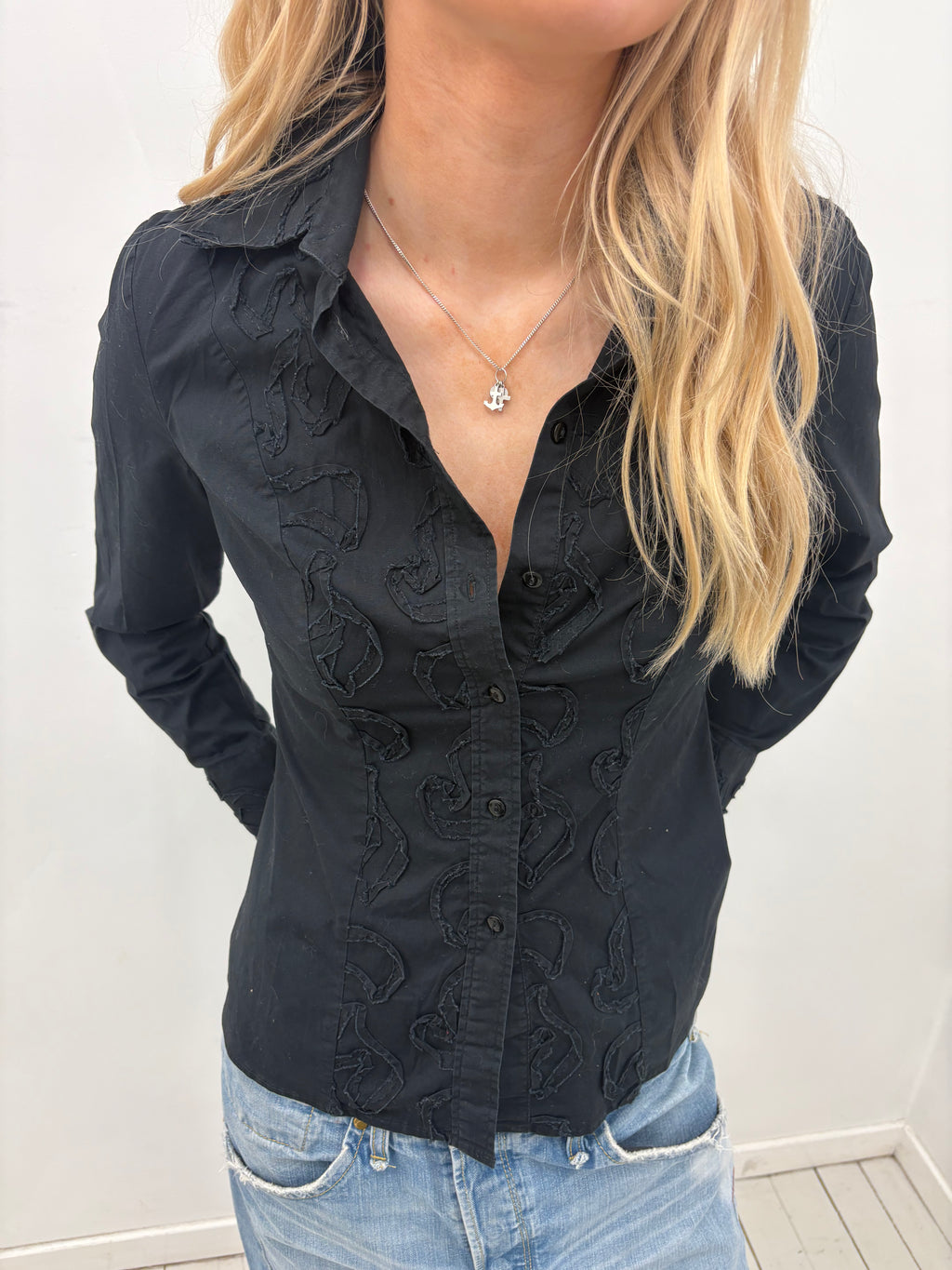 Black Embroidered Feminine Button-Up Shirt