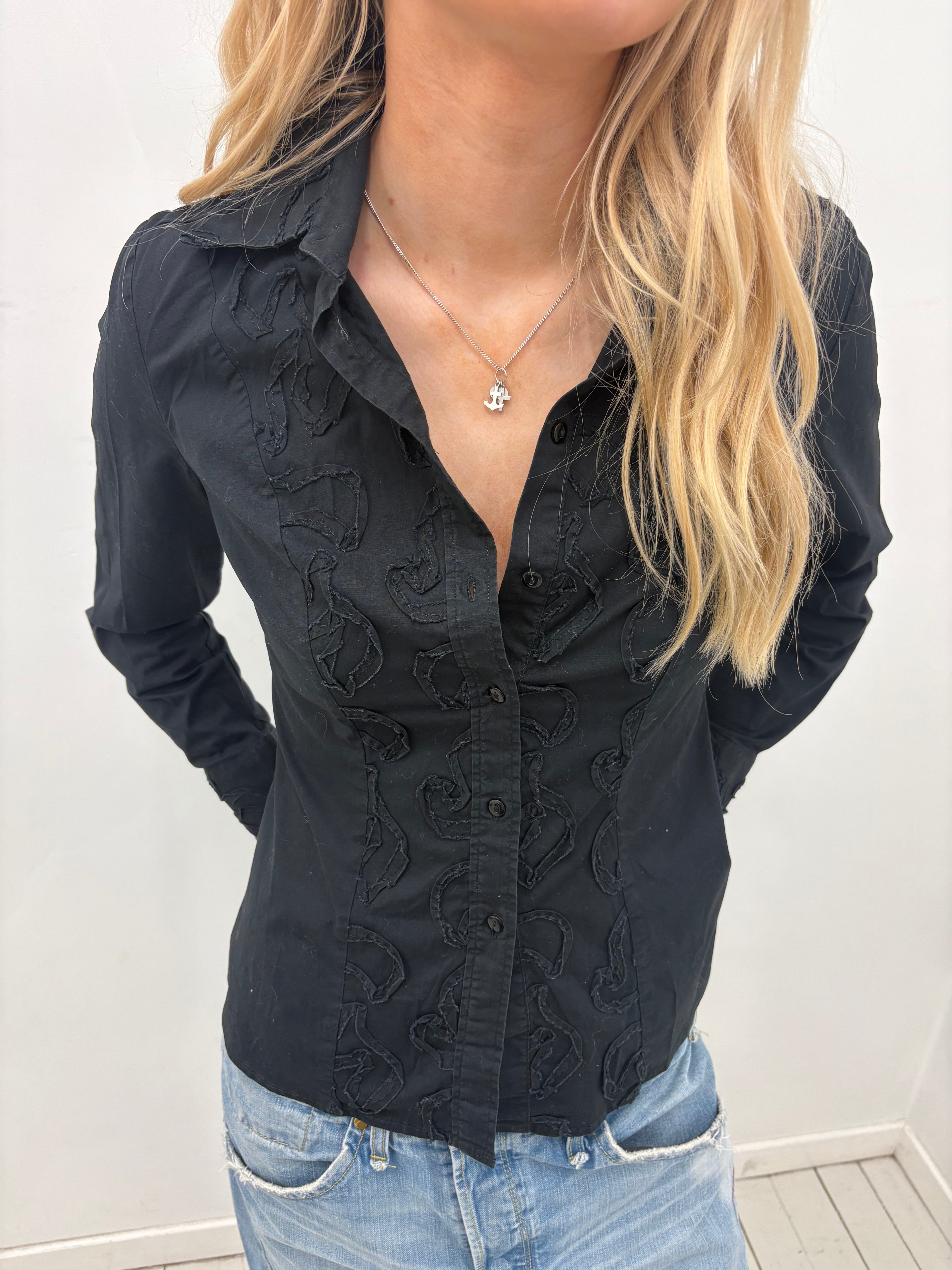 Black Embroidered Feminine Button-Up Shirt