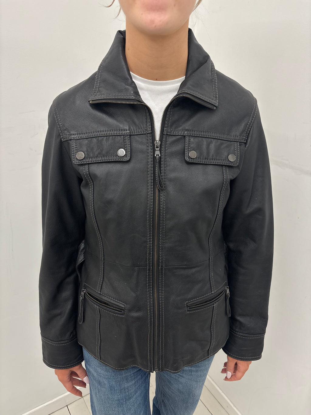 Vintage Black Real Leather Belted Jacket