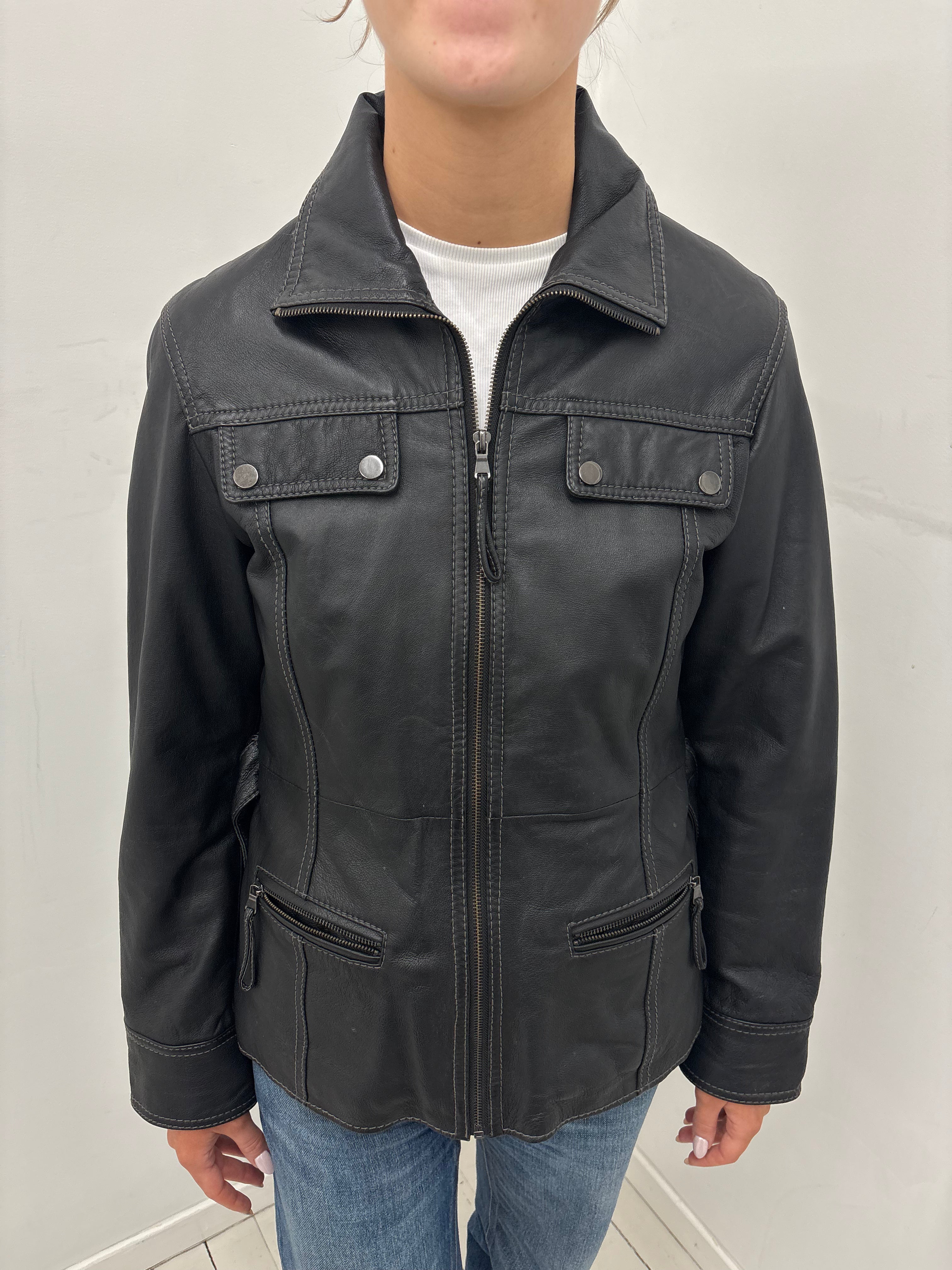 Vintage Black Real Leather Belted Jacket