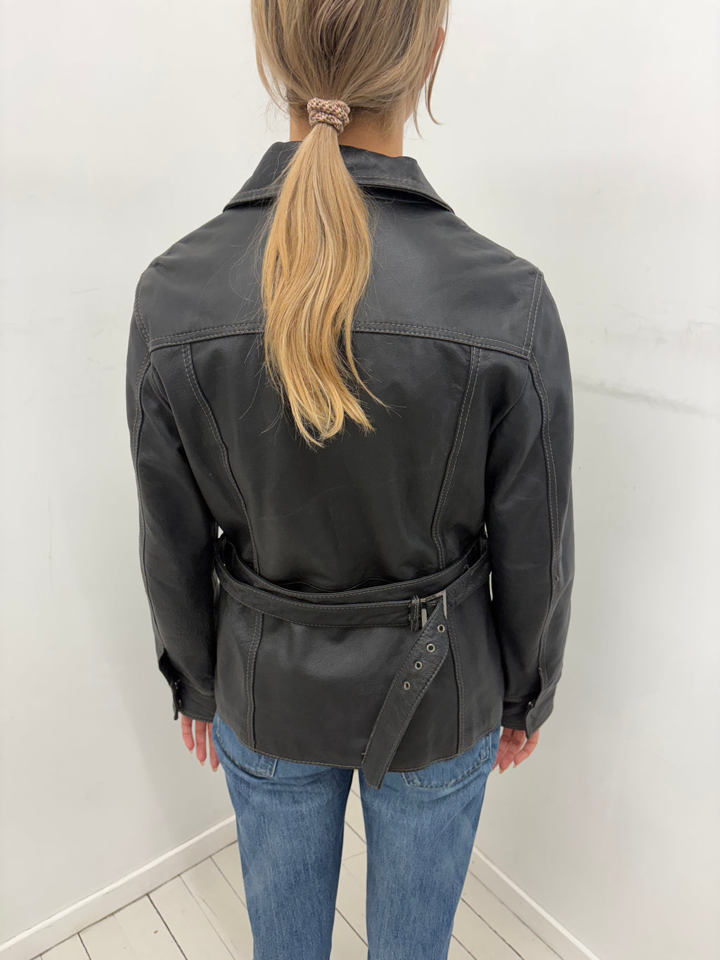 Vintage Black Real Leather Belted Jacket