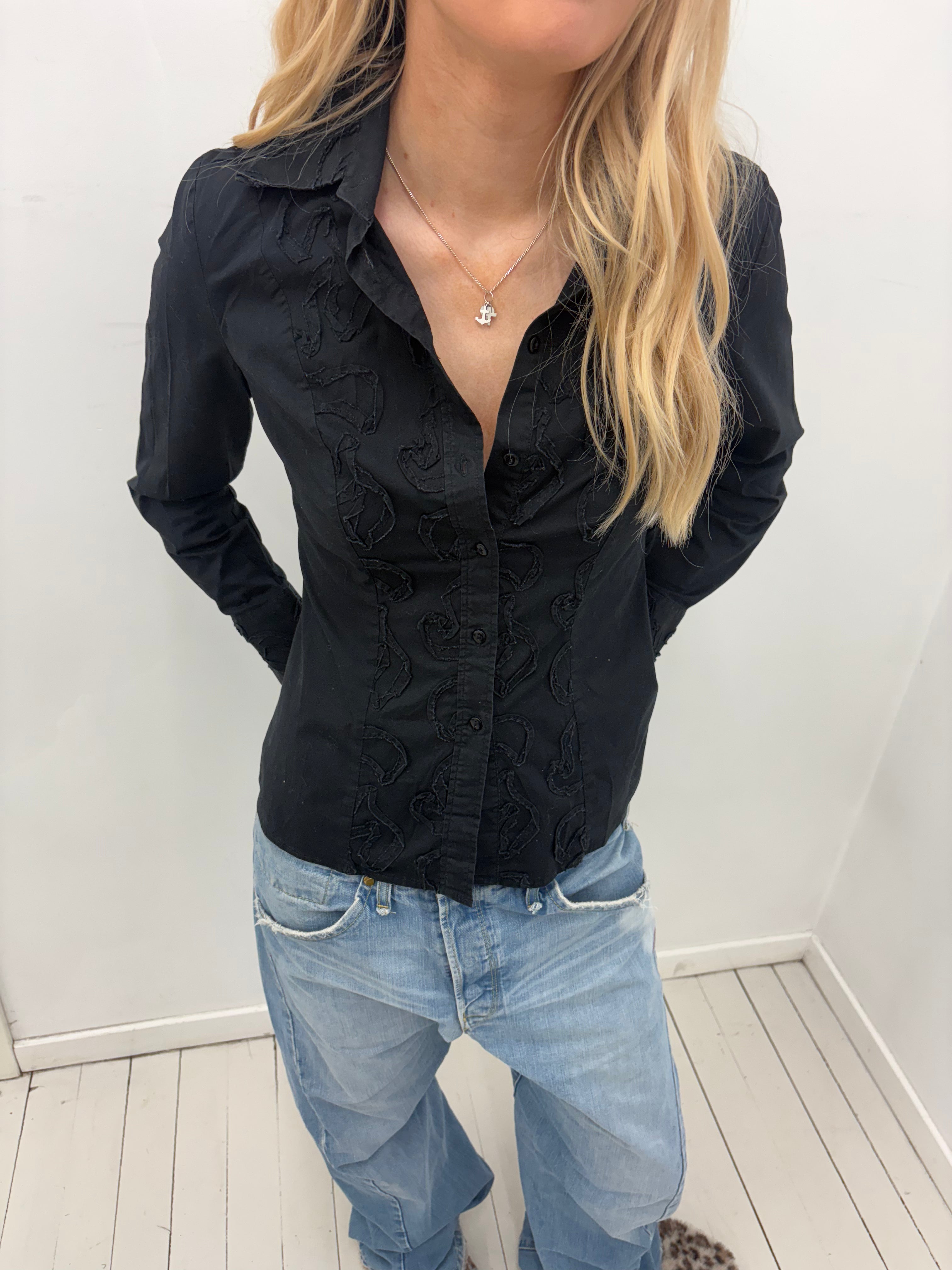 Black Embroidered Feminine Button-Up Shirt