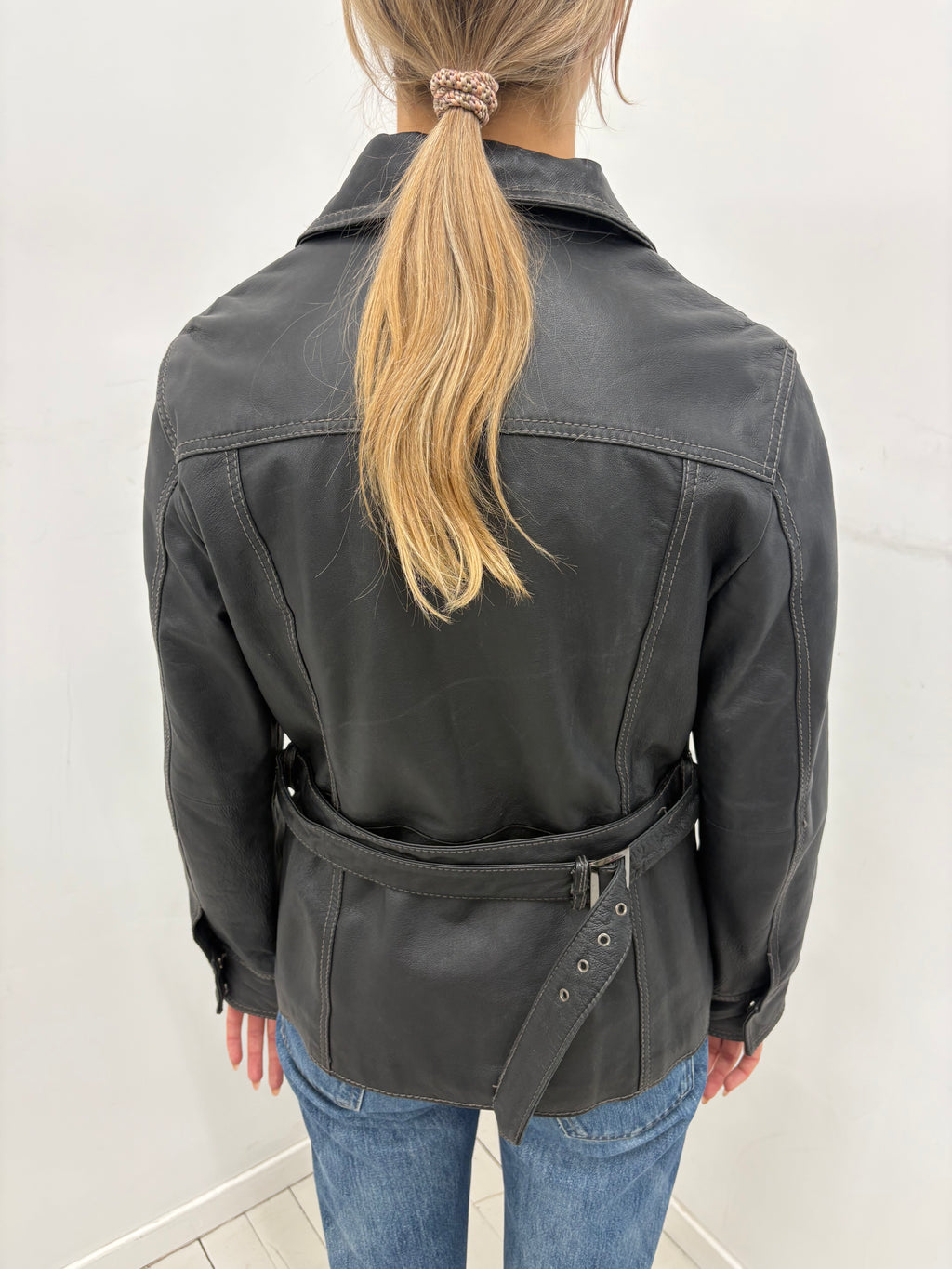 Vintage Black Real Leather Belted Jacket