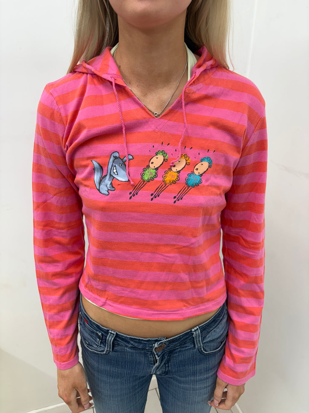 Pink Striped Cropped Hoodie with Cartoon Print