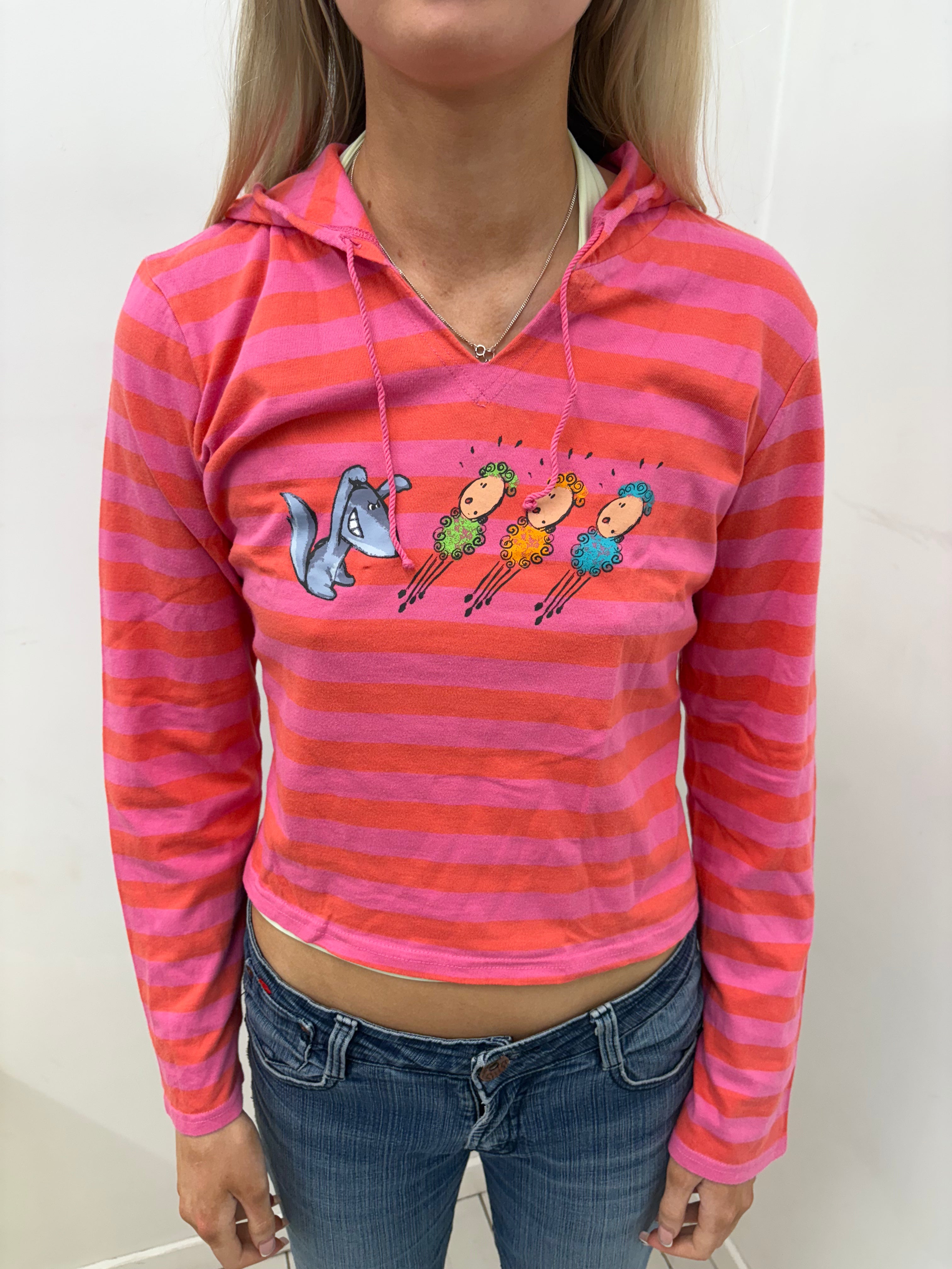 Pink Striped Cropped Hoodie with Cartoon Print