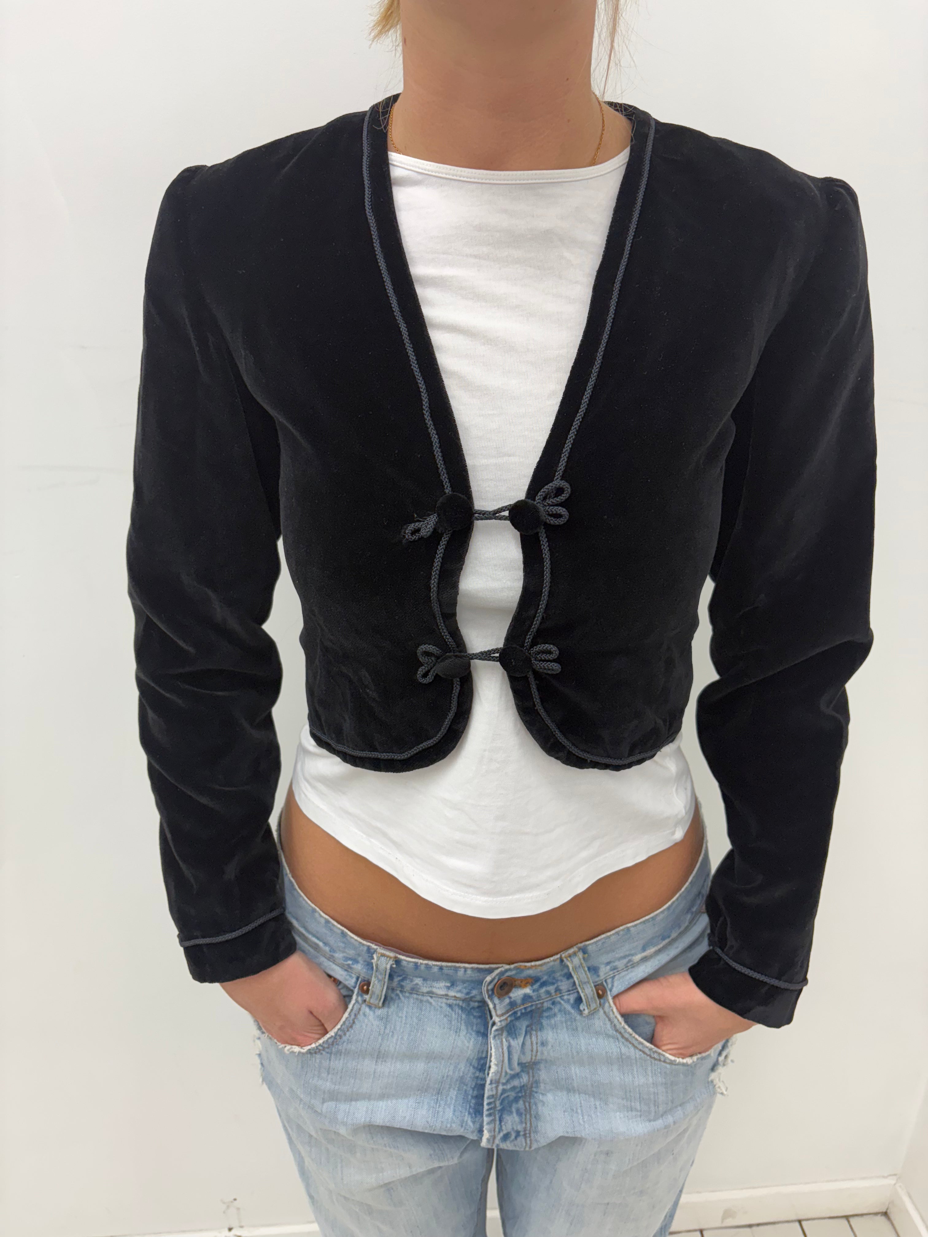 Black Velvet Cropped Tie-Front Bolero Jacket