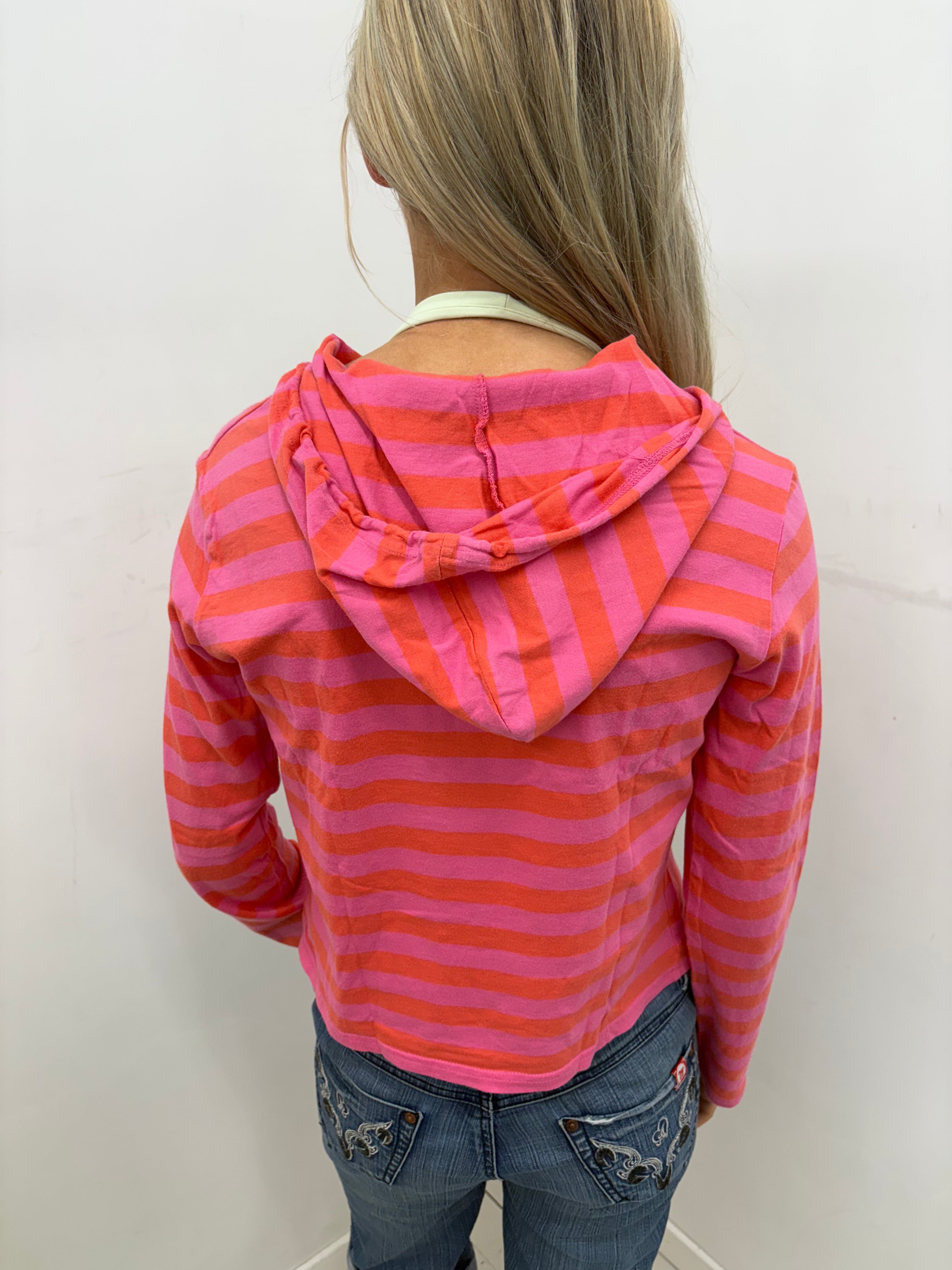 Pink Striped Cropped Hoodie with Cartoon Print
