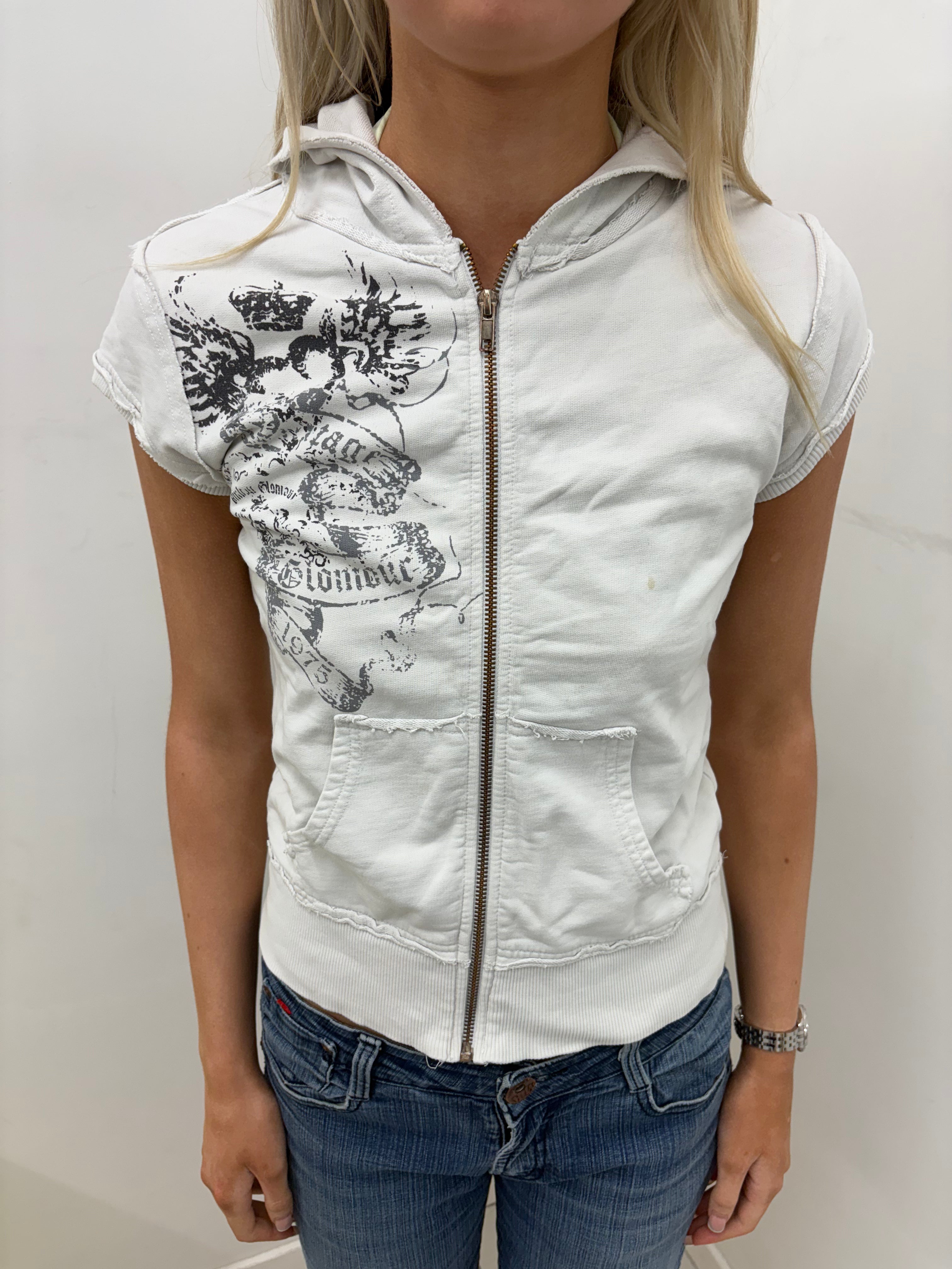 White Cap-Sleeve Hoodie with Graphic Print