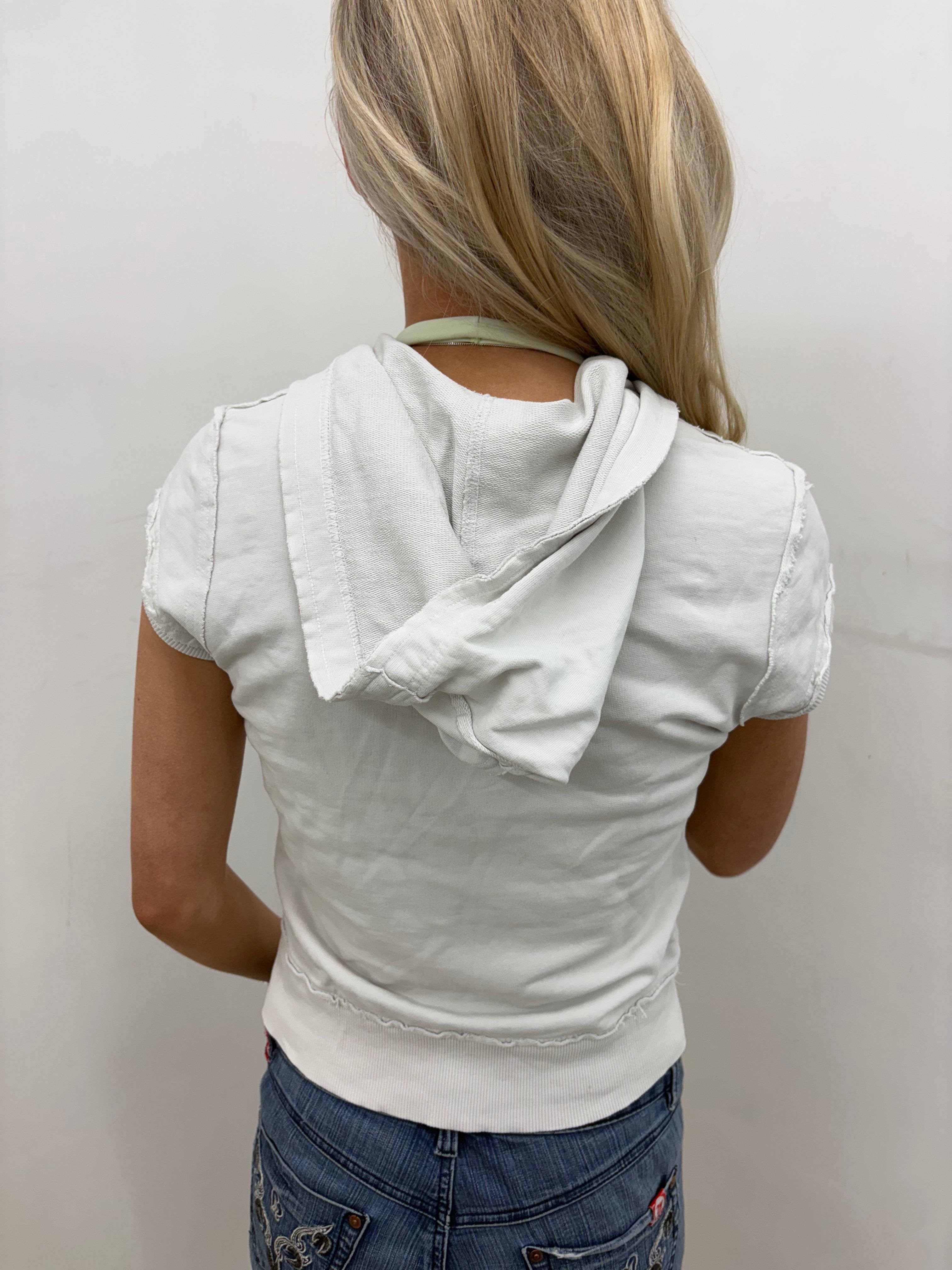 White Cap-Sleeve Hoodie with Graphic Print