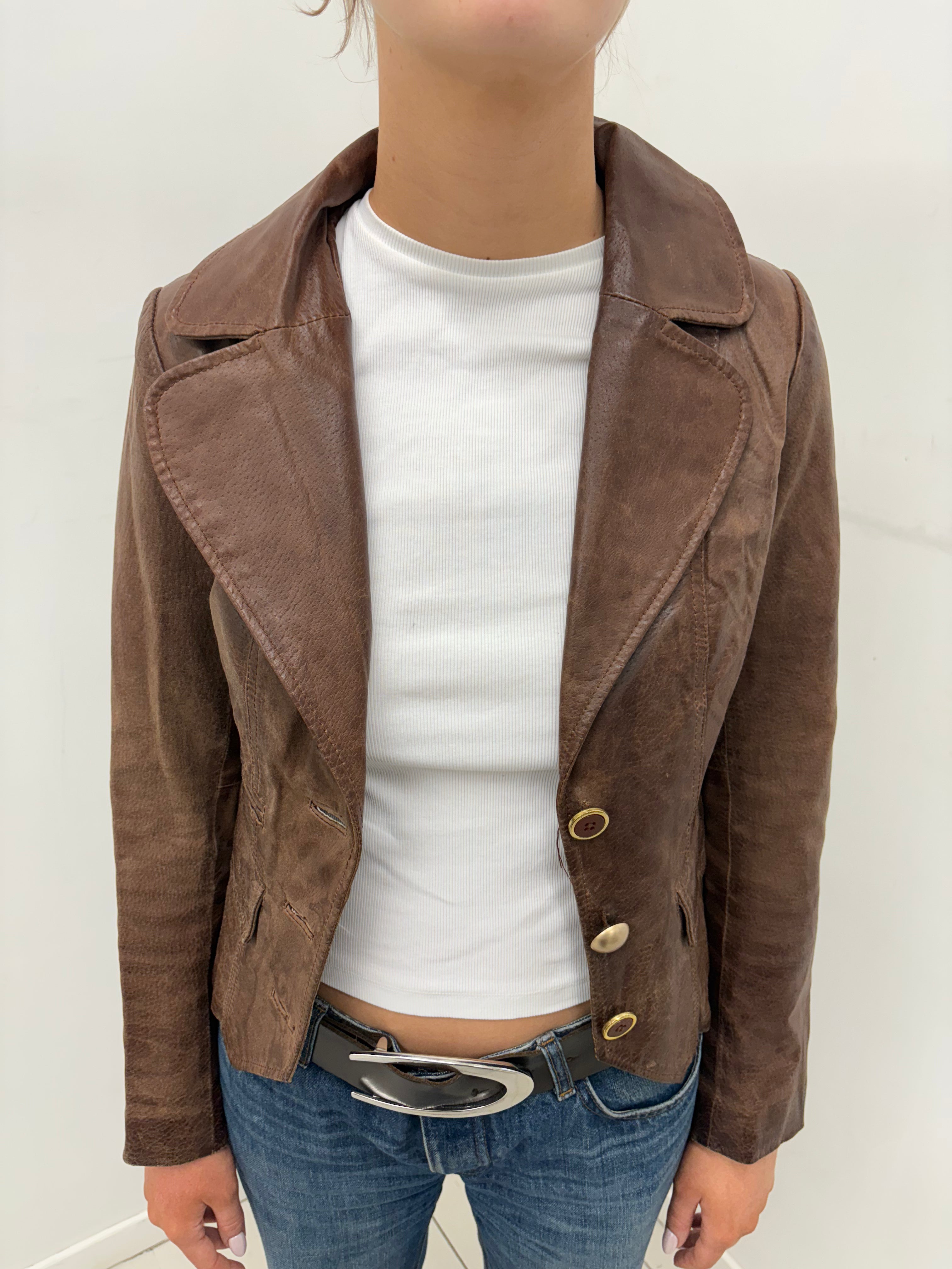 Vintage Brown Real Leather Fitted Blazer