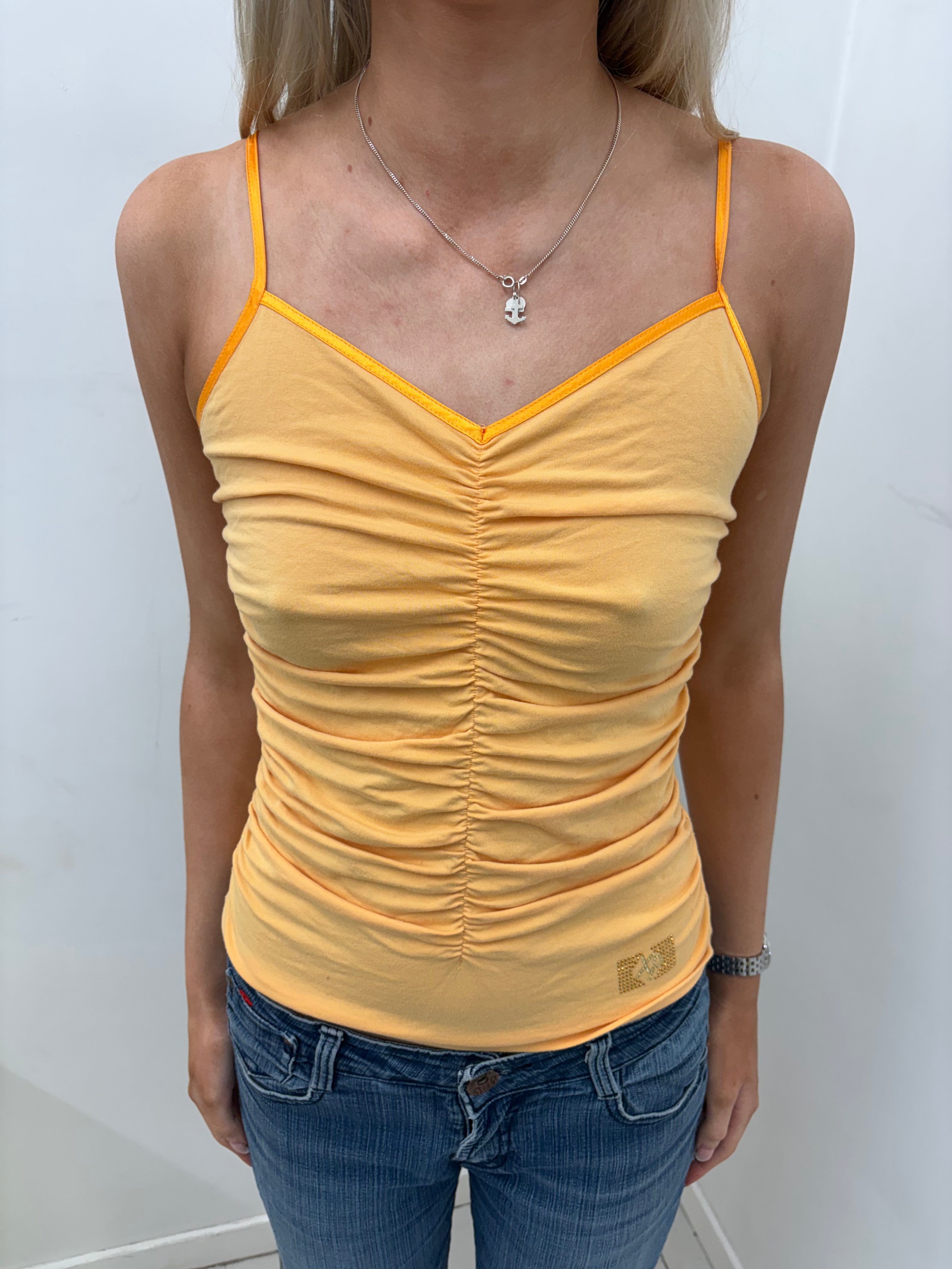 Orange Ruched Cami with Rhinestone Detail