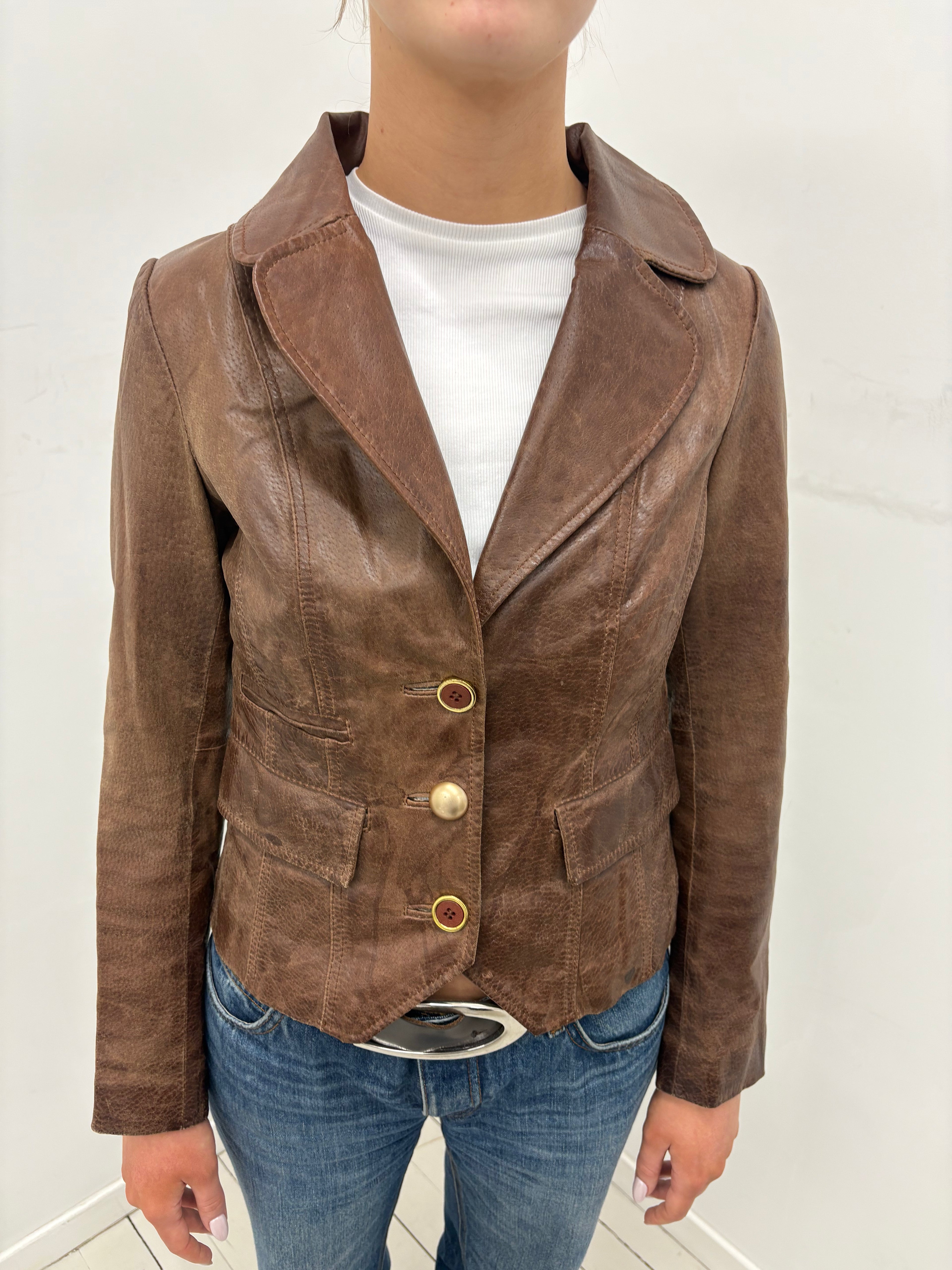 Vintage Brown Real Leather Fitted Blazer