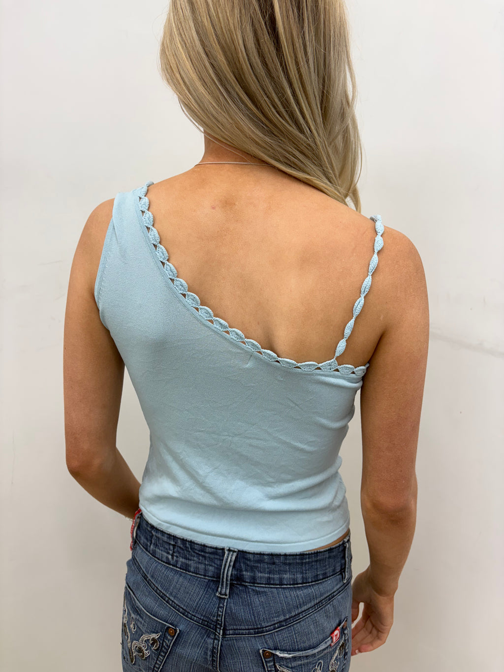 Light Blue Asymmetric Knit Top with Floral Embroidery