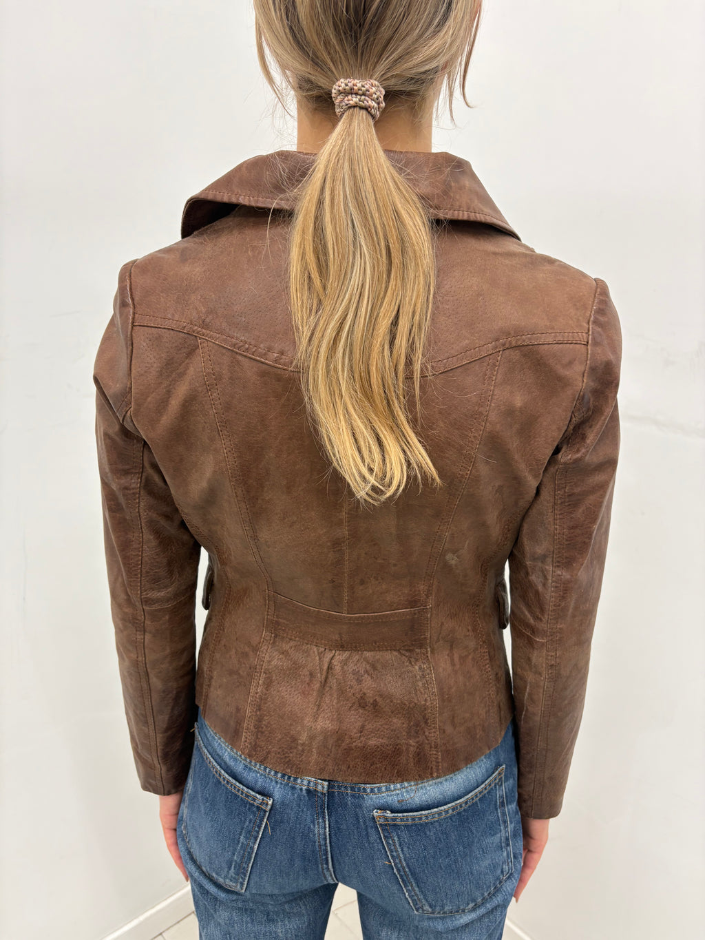 Vintage Brown Real Leather Fitted Blazer