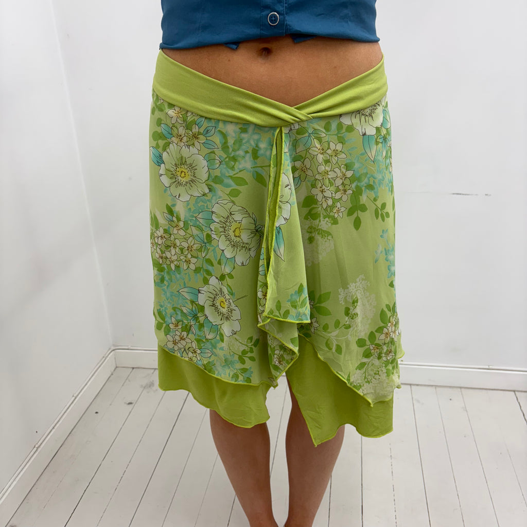 Y2K Green Floral Asymmetrical Skirt