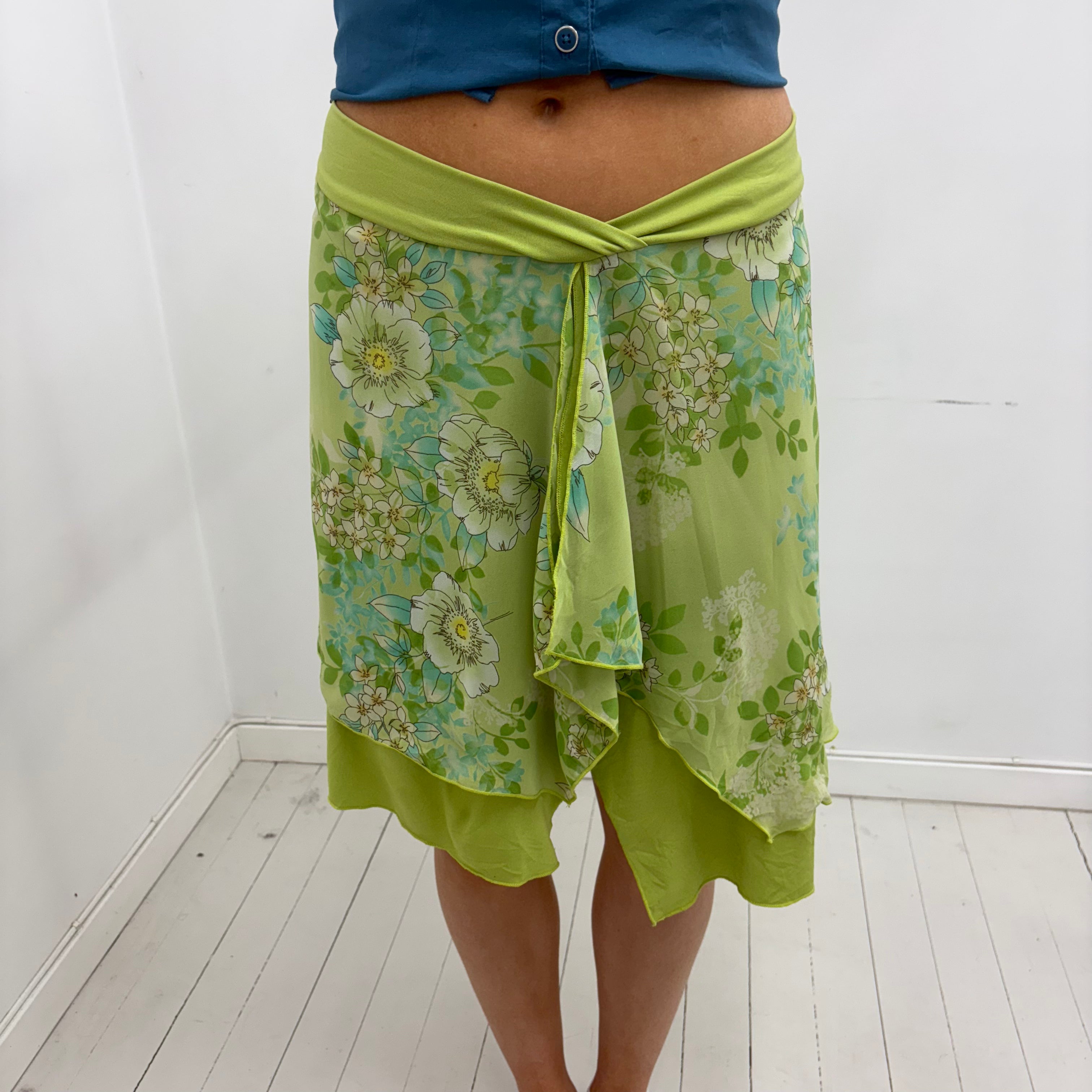 Y2K Green Floral Asymmetrical Skirt
