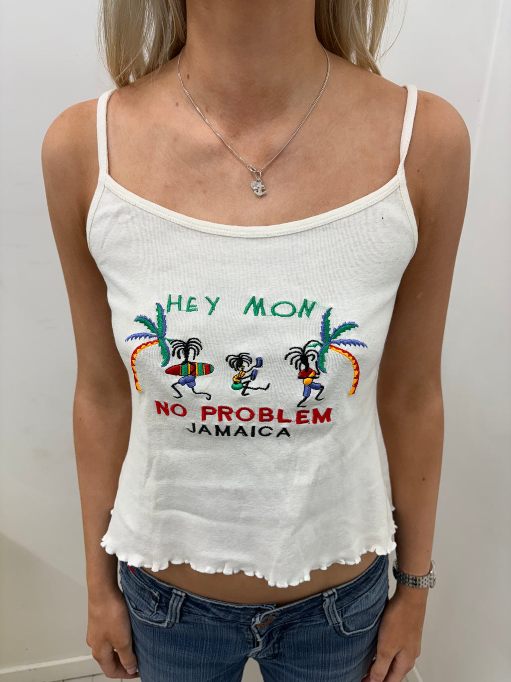 White "Hey Mon" Jamaica Embroidered Cami
