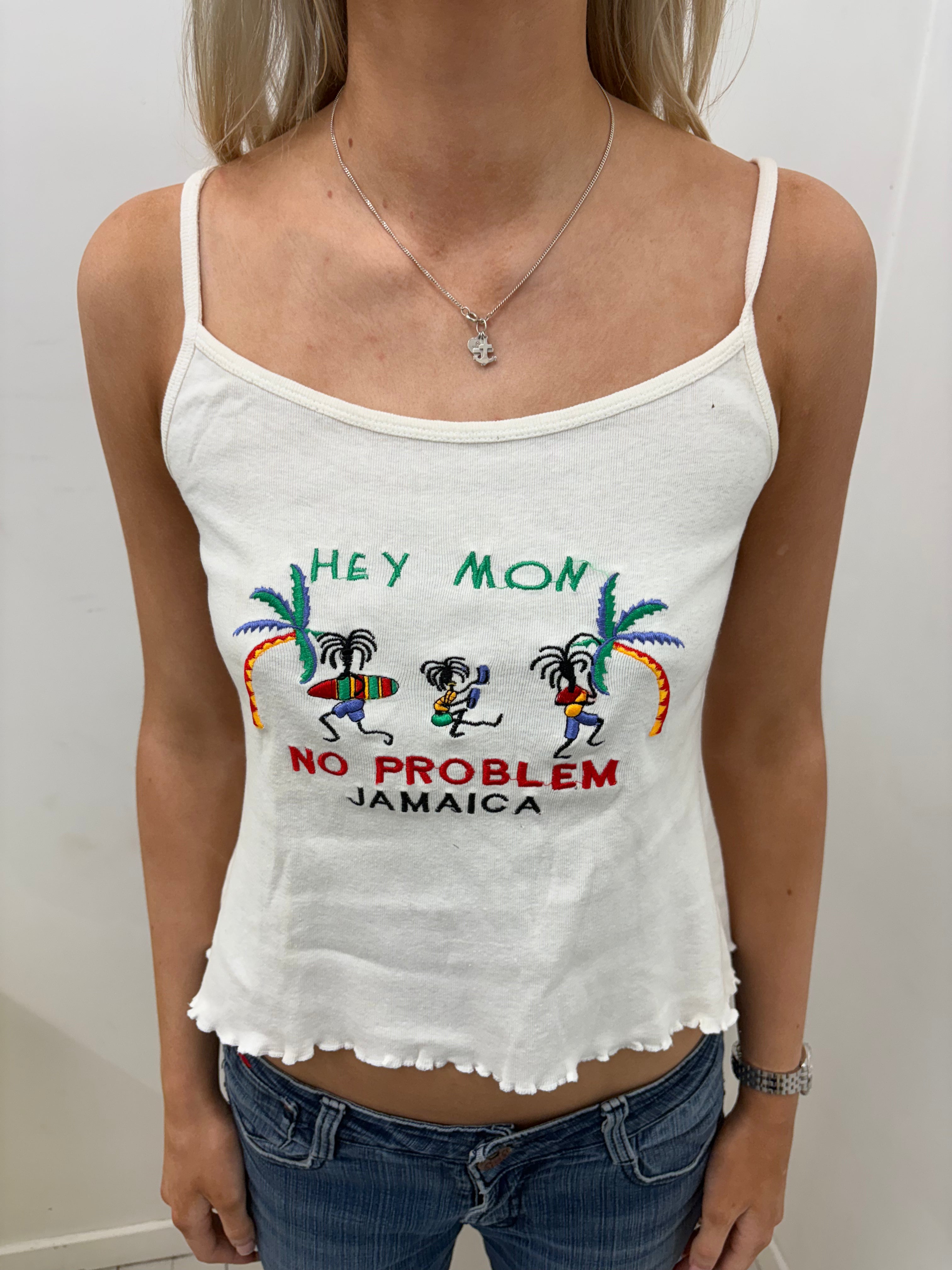 White "Hey Mon" Jamaica Embroidered Cami