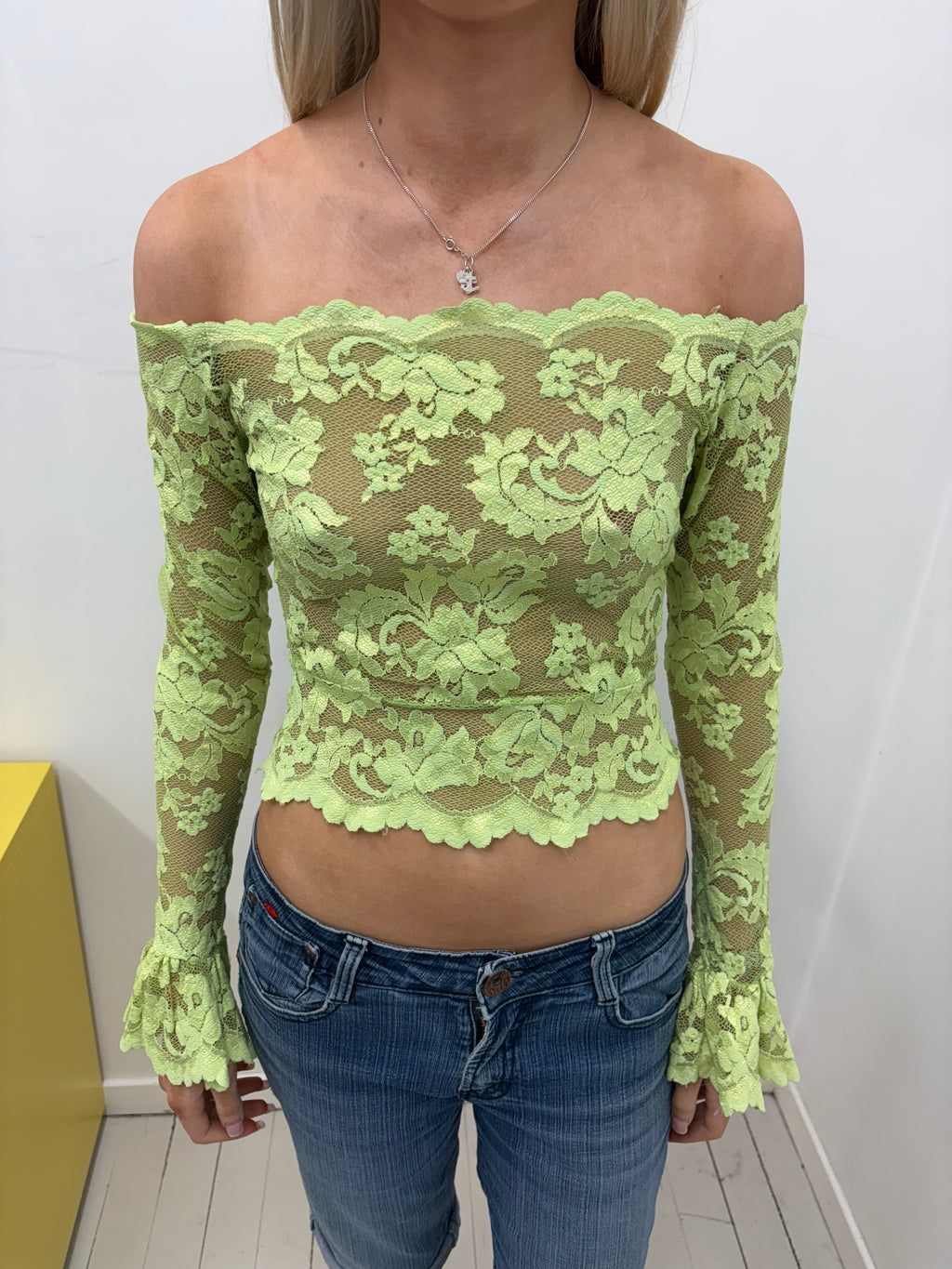 Lime Lace Off-Shoulder Crop Top with Flared Sleeves