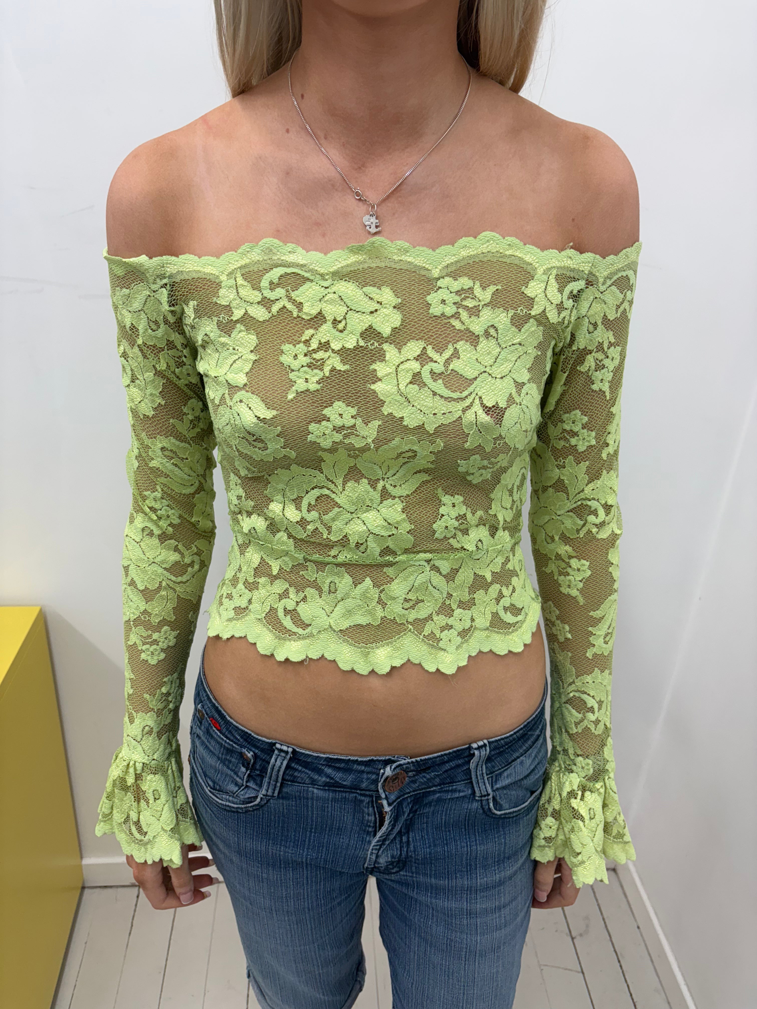 Lime Lace Off-Shoulder Crop Top with Flared Sleeves