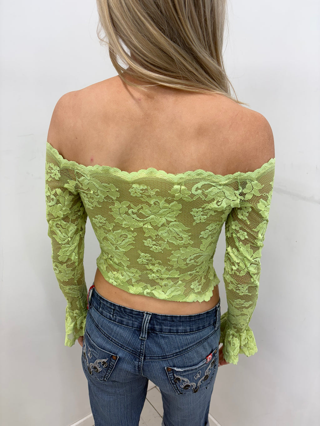 Lime Lace Off-Shoulder Crop Top with Flared Sleeves