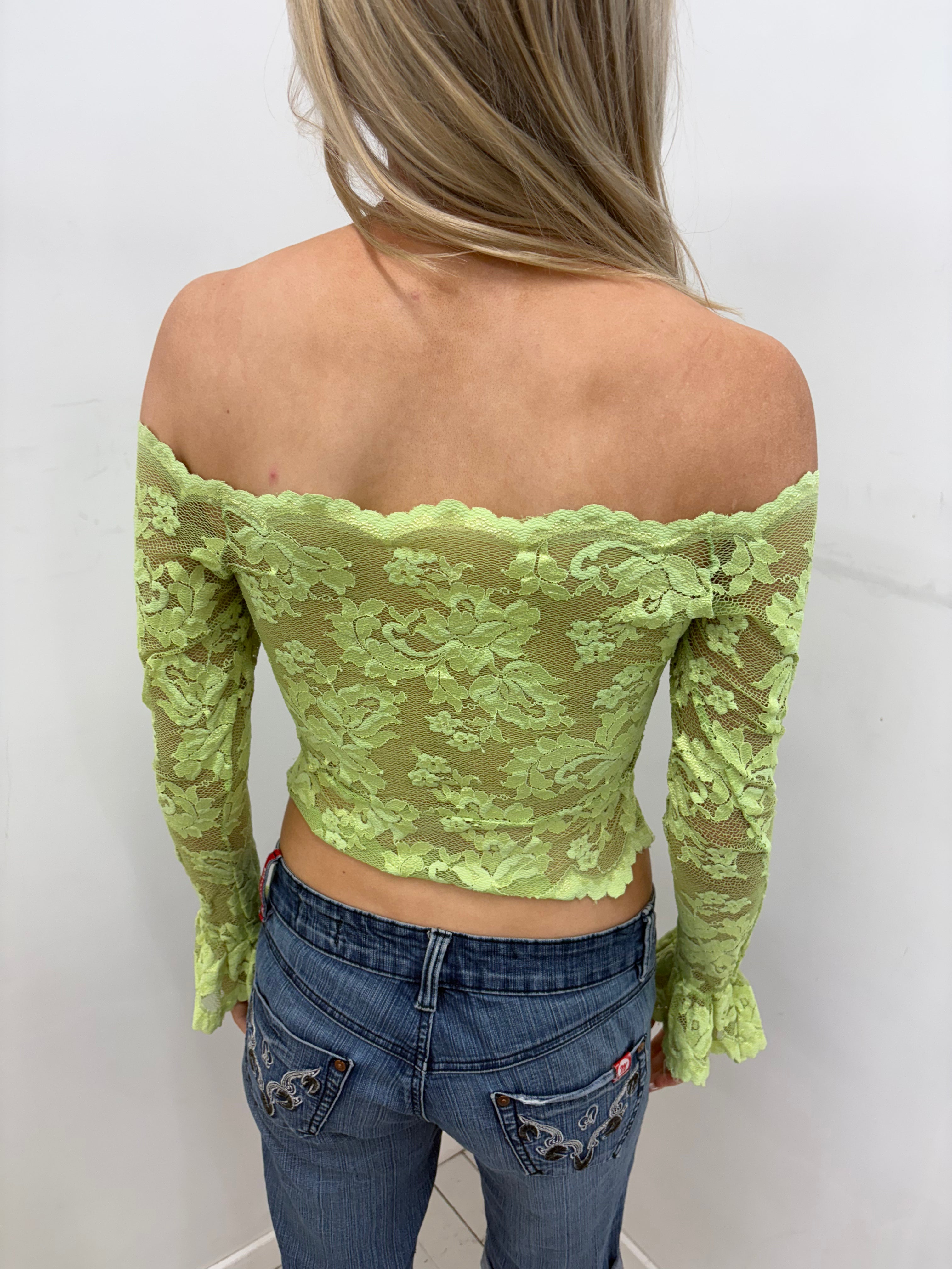 Lime Lace Off-Shoulder Crop Top with Flared Sleeves