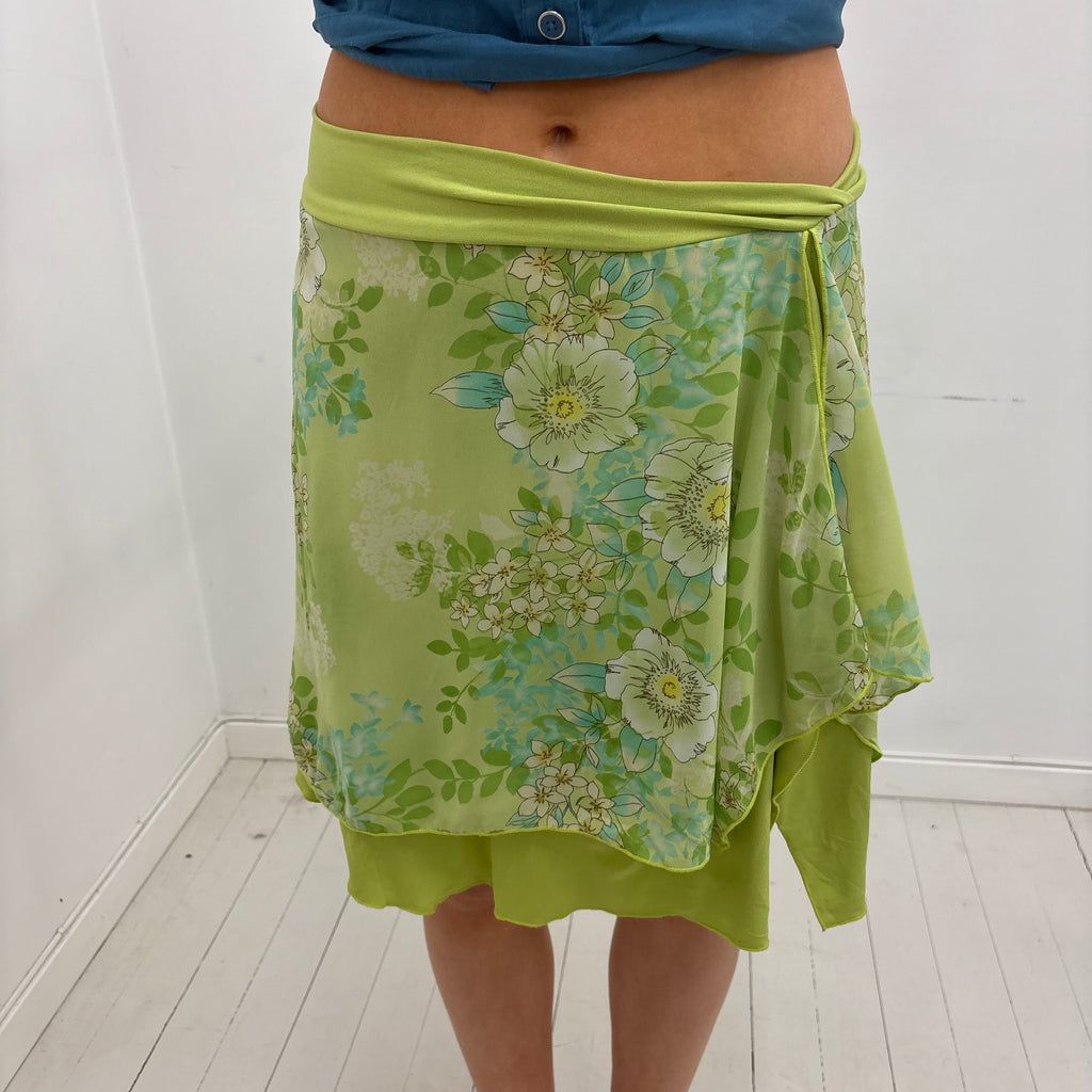 Y2K Green Floral Asymmetrical Skirt