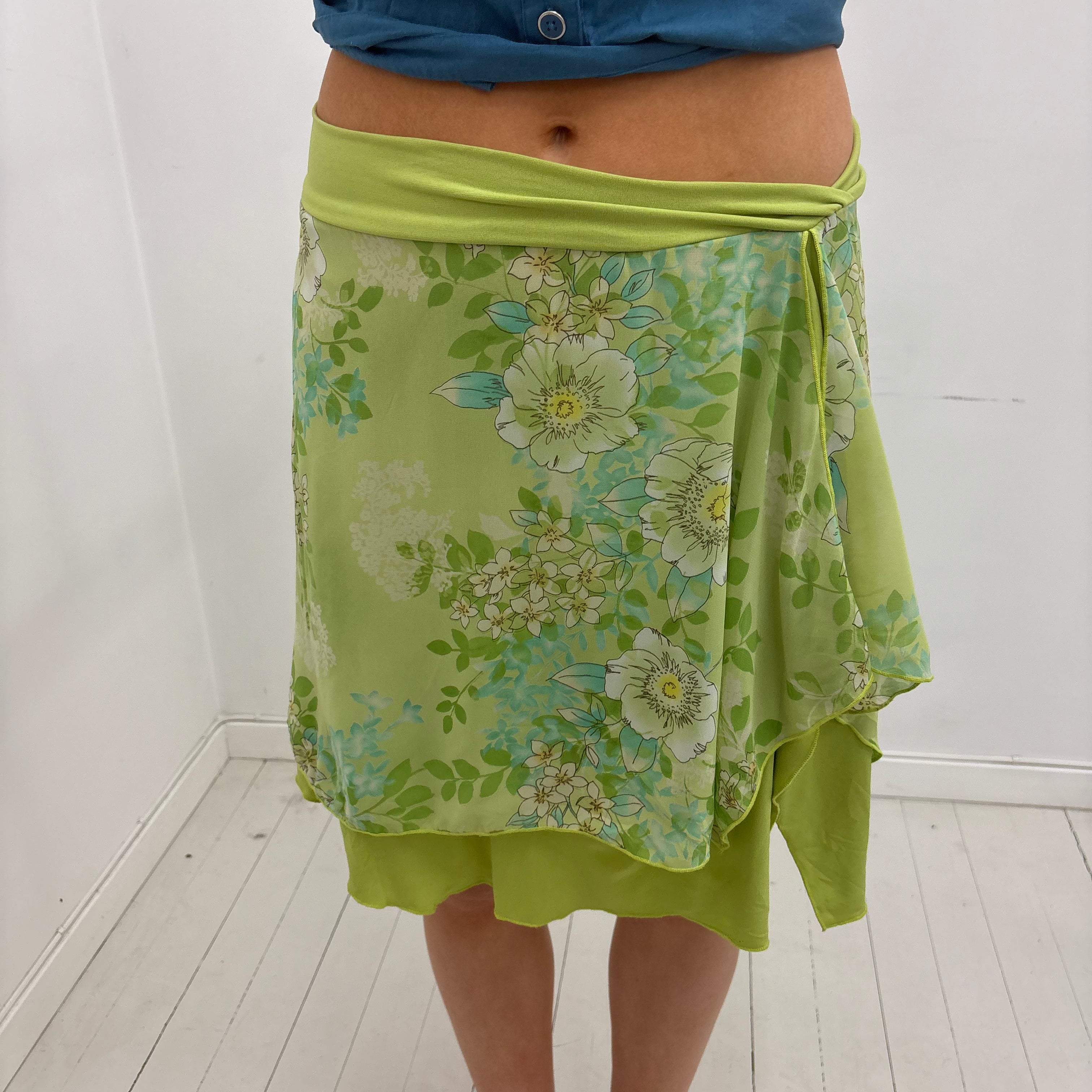Y2K Green Floral Asymmetrical Skirt