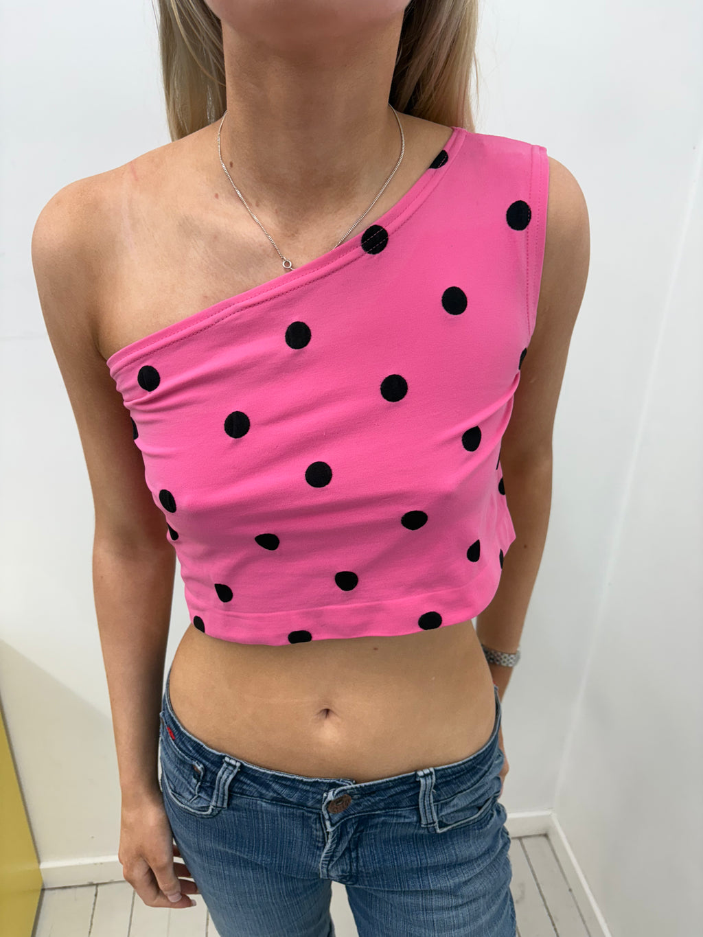 Pink Polka Dot One-Shoulder Crop Top