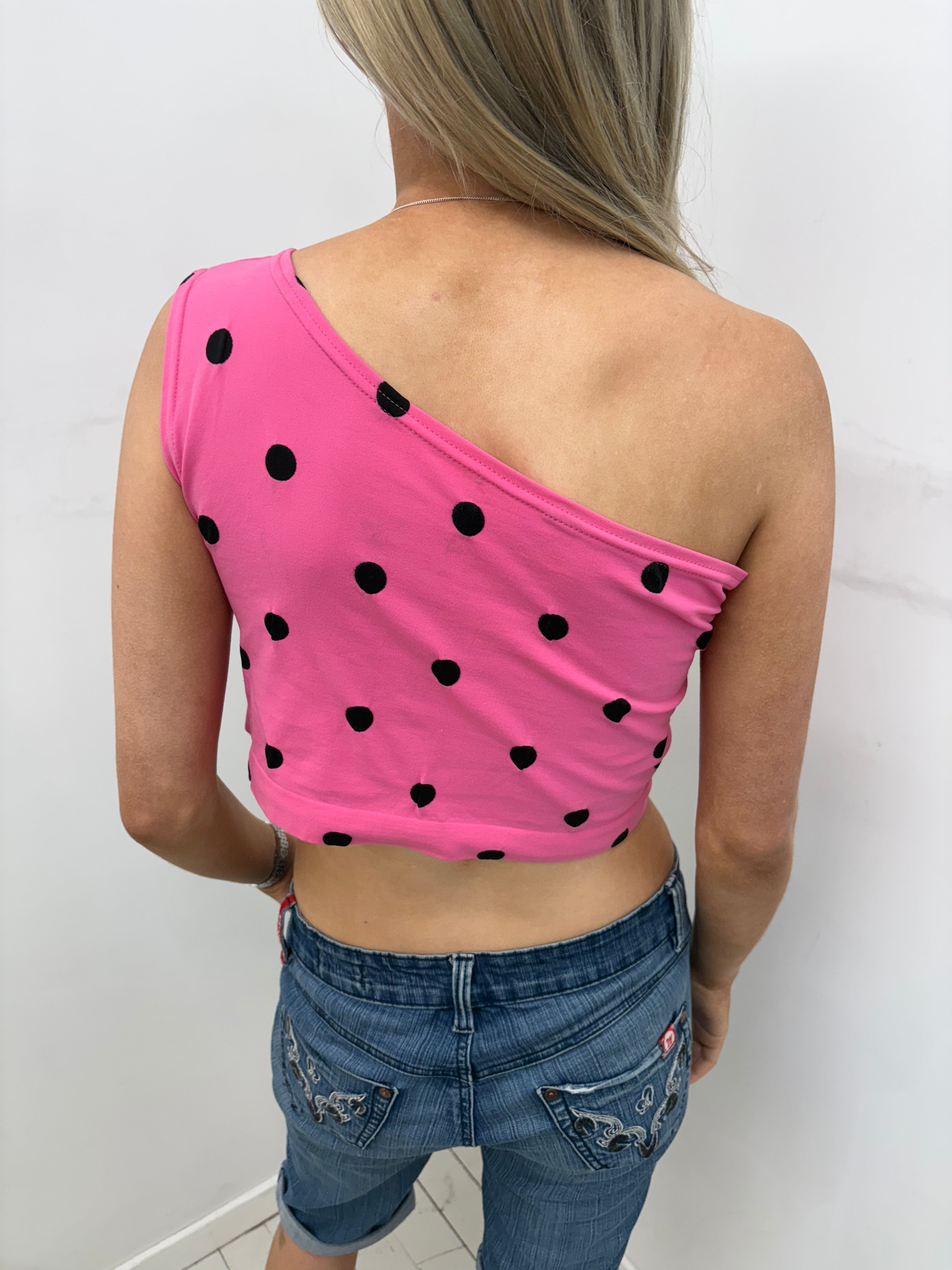 Pink Polka Dot One-Shoulder Crop Top