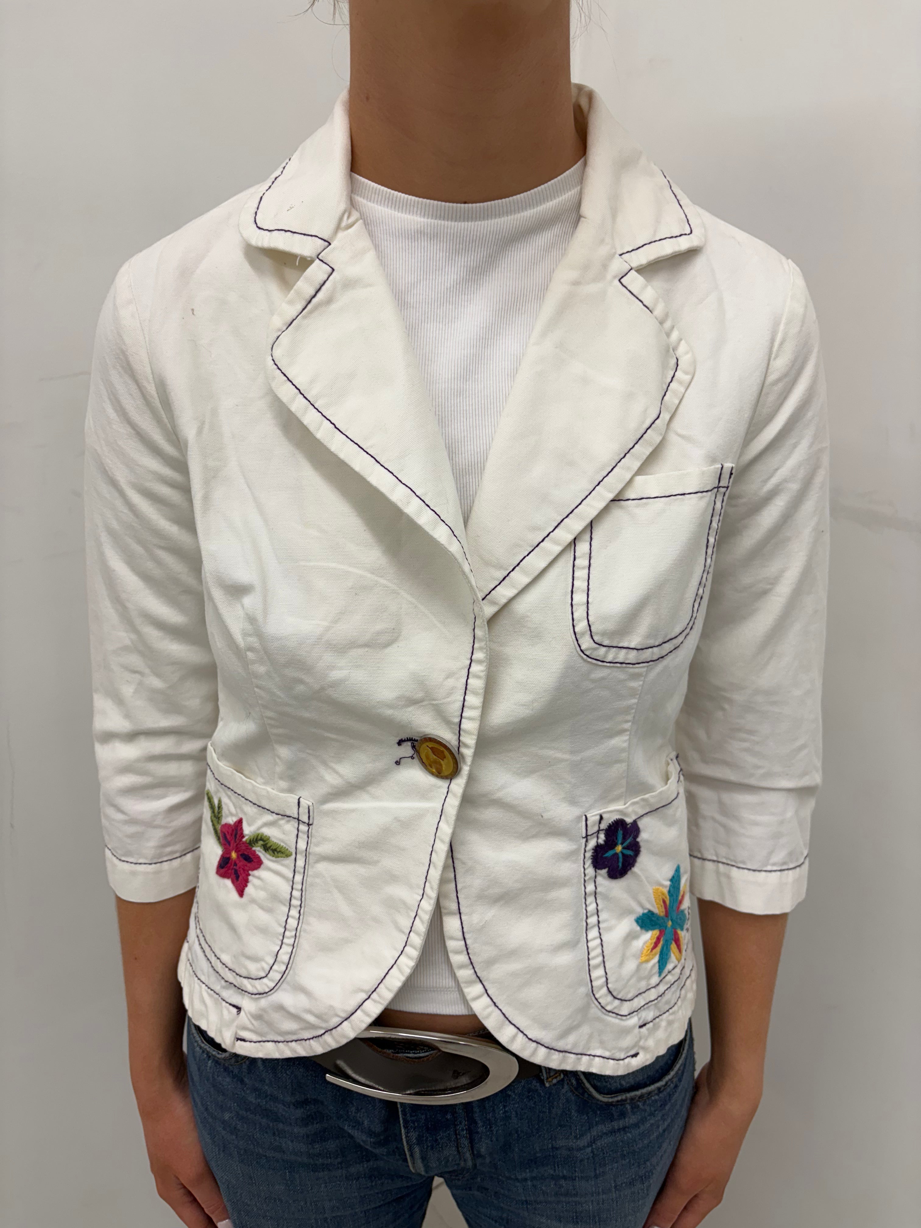 White Embroidered Cropped Blazer