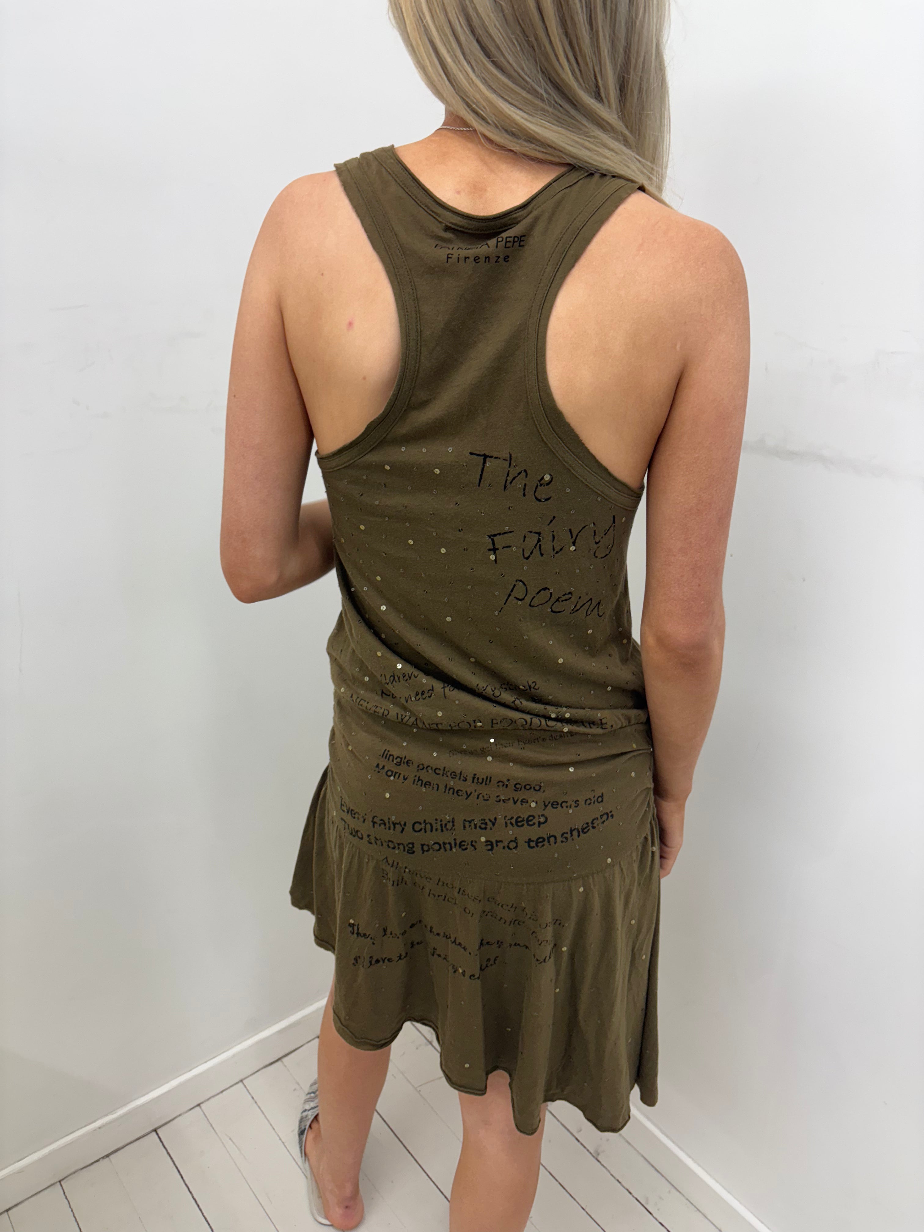 Khaki Racerback Mini Dress with Poem Text Print