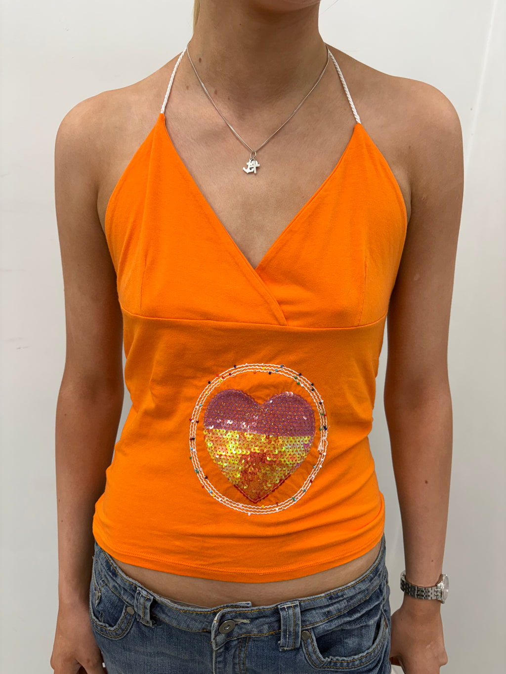 Orange Sequin Heart Halter Top